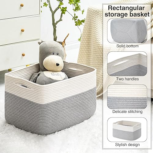 Miniatura 4 de Cesta grande para manta para sala de estar, canasta de almacenamiento rectangular, canasta grande para mantas, cestas de cuerda de algodón tejida