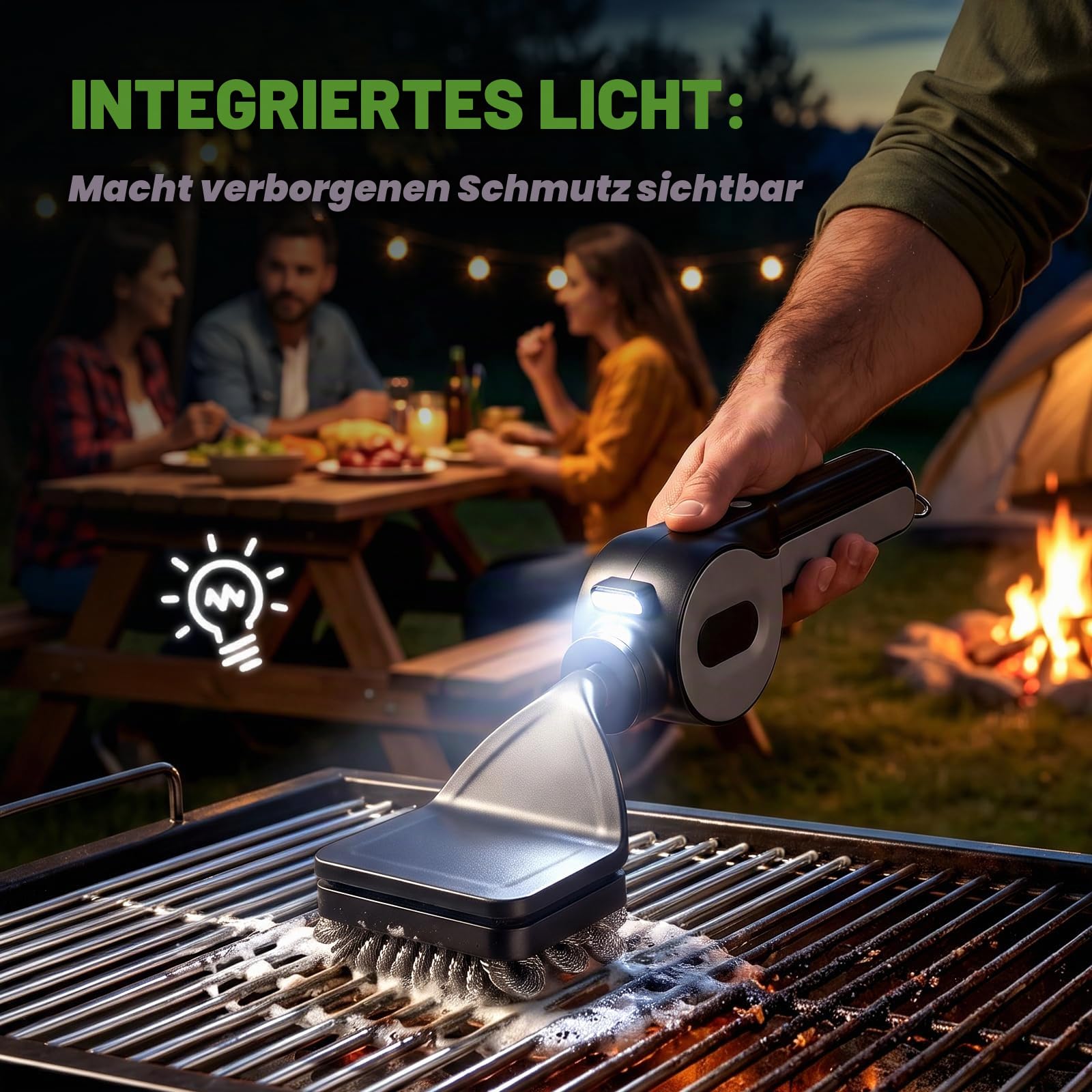 Elektrische Grillbürste, 6 in 1 Grillbürste Borstenfrei, Elektrische Grill Reinigungsbürste mit Druckempfindlichem Motor 1100U/min, LCD-Display, LED-Licht, Wasserdicht BBQ Grill Bürste für Grillroste
