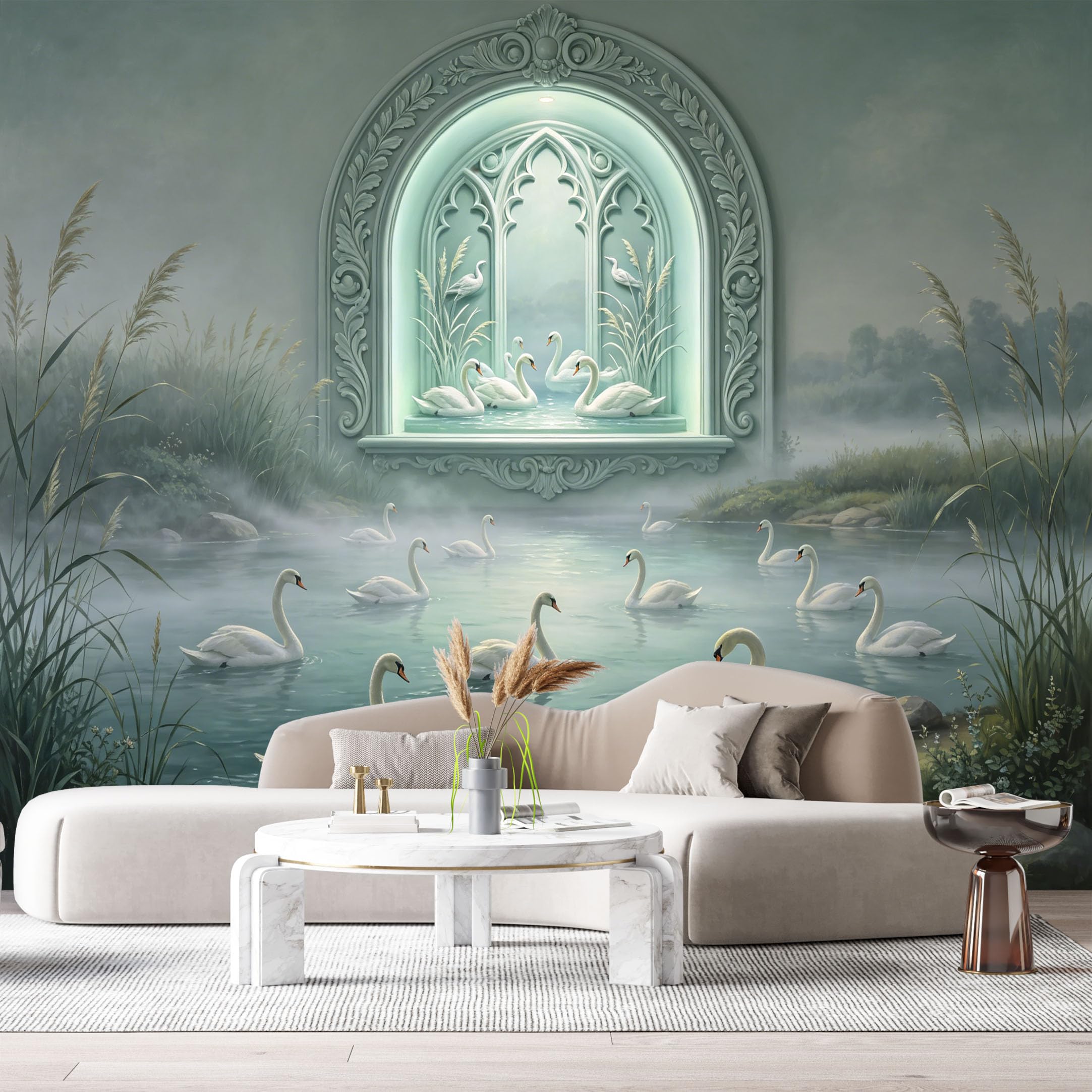 Custom Size Wall Murals Gothic Window Fantasy Swan Lake Misty Landscape 3D Trompe L'Oeil SelfAdhesiveWall Fabric Removable Wallpaper Wall Decor for Living Room Bedroom Bathroom