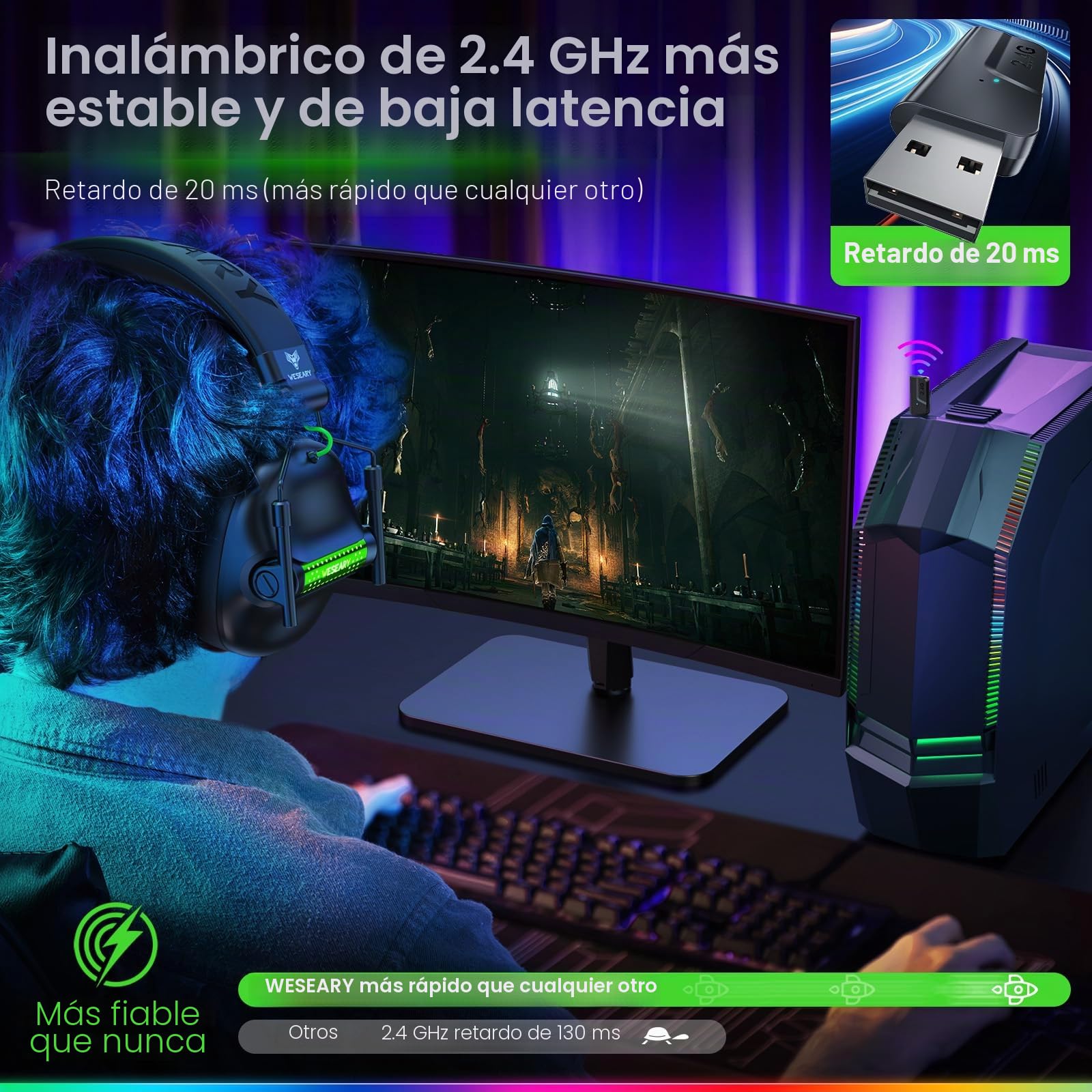 WESEARY WG2 Cascos Gaming Inalambricos, Auriculares Gaming Inalambricos de 2.4G para PS5, PS4, PC, Switch, Sonido Estéreo Auriculares con Microfono, Cascos con Luz LED, Duración 50Hr+