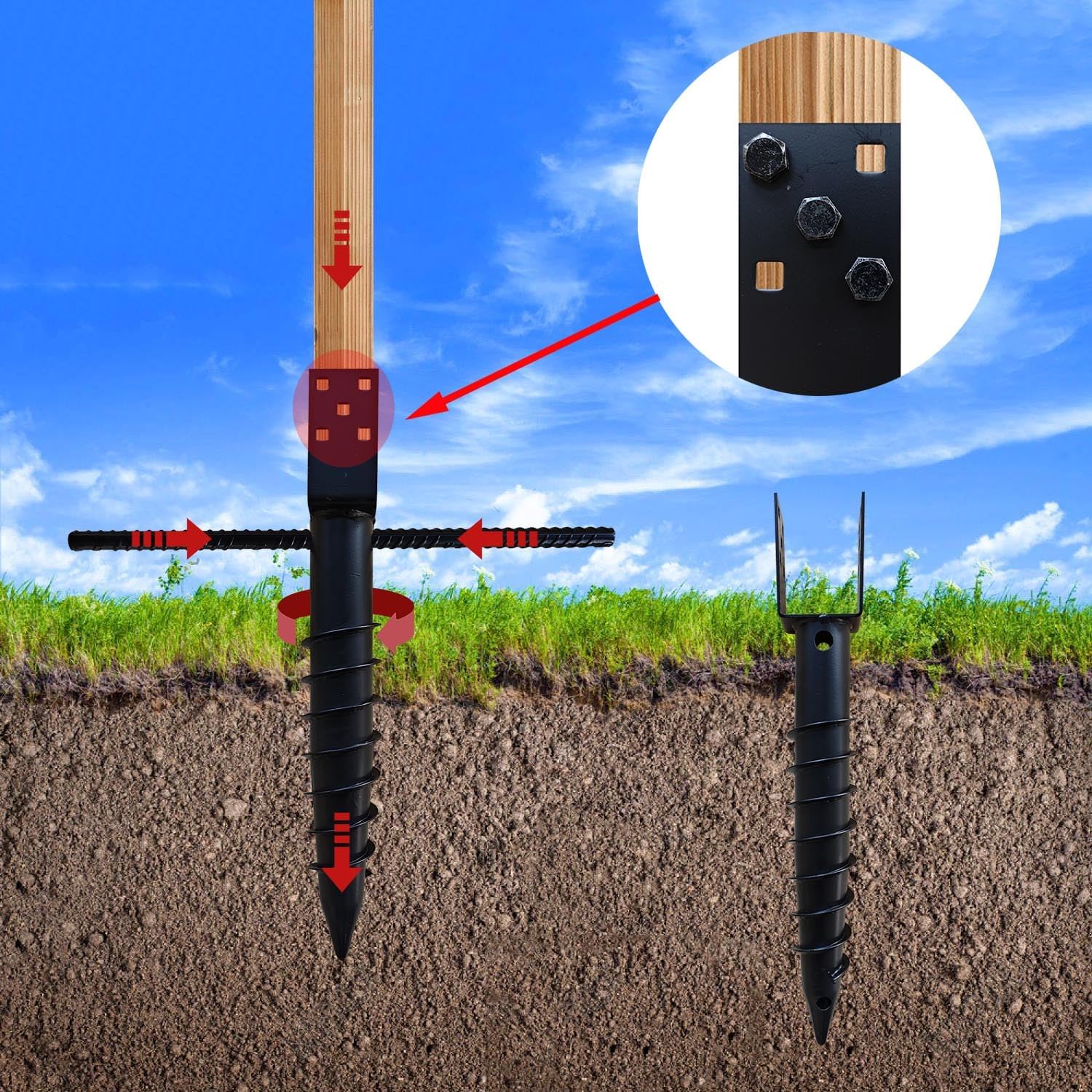 1 Pack 24 Inch Black U Model Ground Anchor Fence Includes Lag Bolts and Rebar, Fits Standard 4x4 (3.5" X 3.5" Inch) Post, No Dig Post Stake for Deck,Fence,Porch,Railing,Mailbox