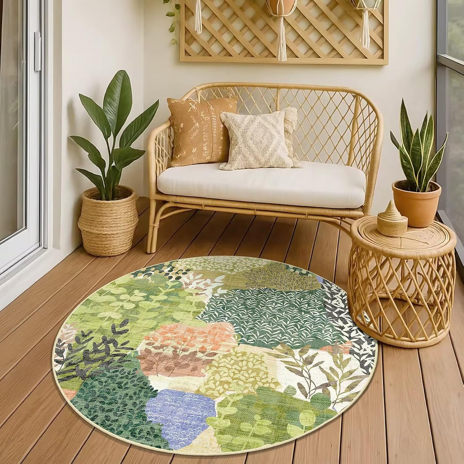 DEXDE Round Rug 5ft Washable Circle Area Rugs Non Slip Low Pile Boho Floral Large Circular Carpet for Bedroom Bathroom Entryway Kids Room Office Dining Room,Green