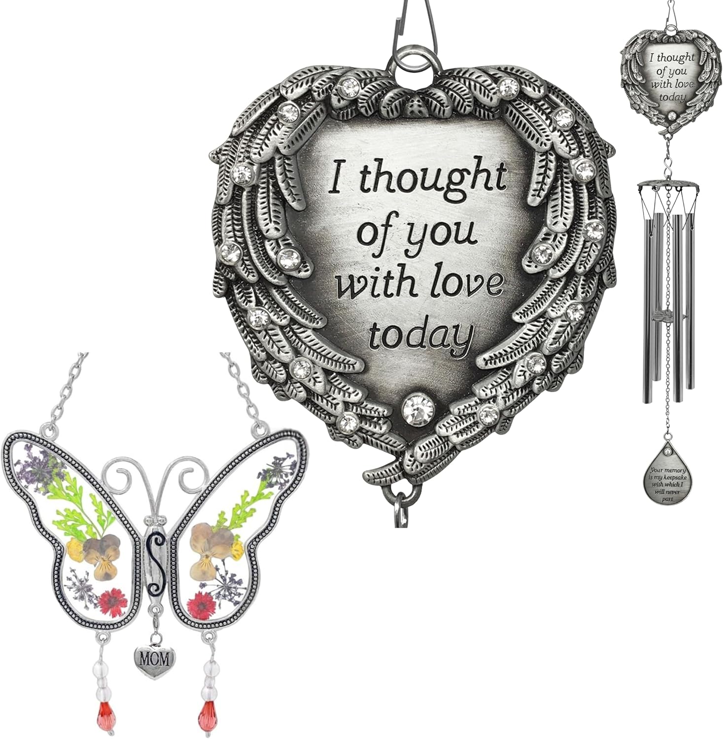 BANBERRY DESIGNS Mom Remembrance Wind Chimes and Sun Catcher Set - Butterfly Dried and Pressed Floral Wings - Memorial Gifts for The Loss of Mother