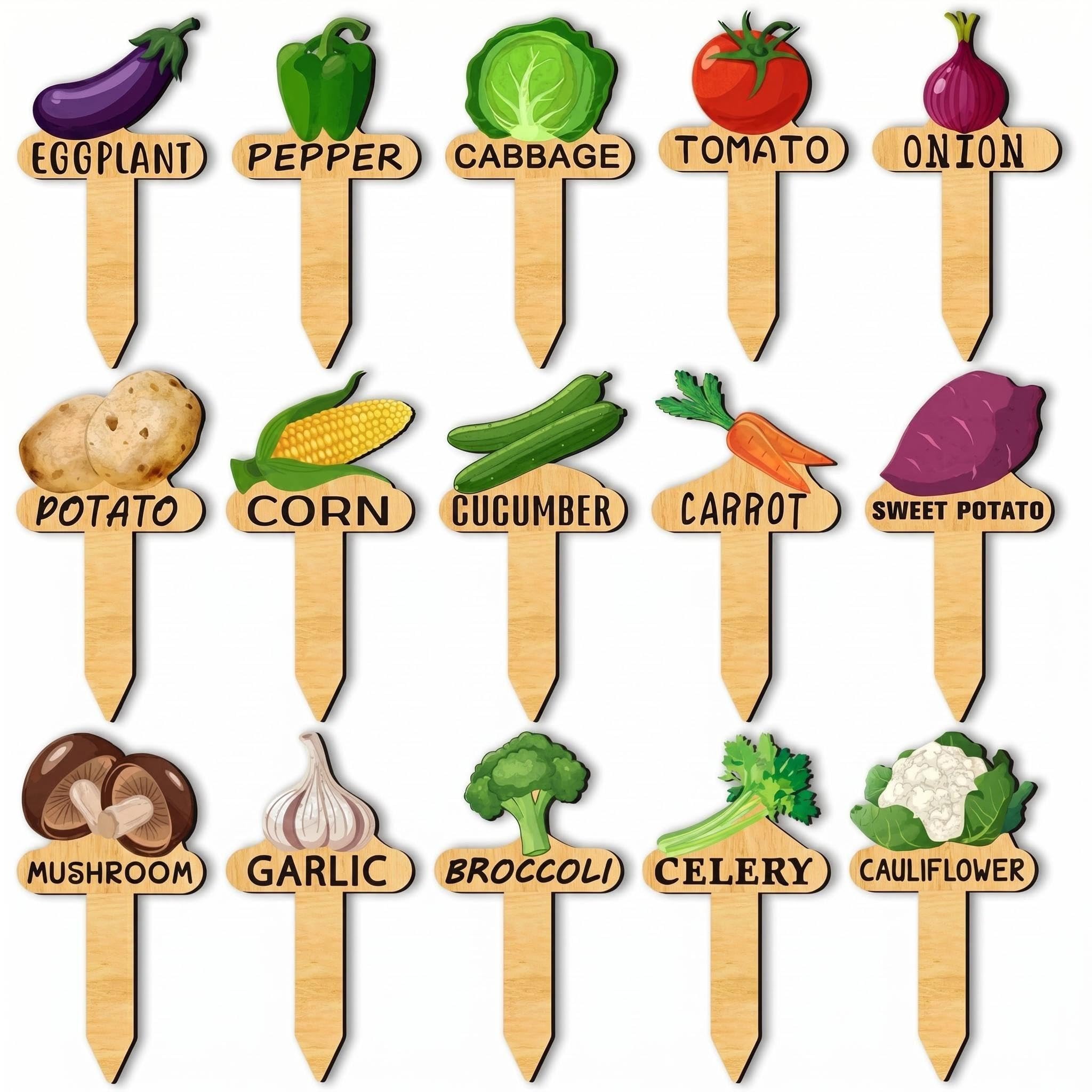 15 Pcs Watercolor Vegetable Plant Labels, Wooden Garden Stakes T-Type, Plant Markers for Seedlings, Outdoor Indoor Potted Plant Tags, Cute Gardening Gifts