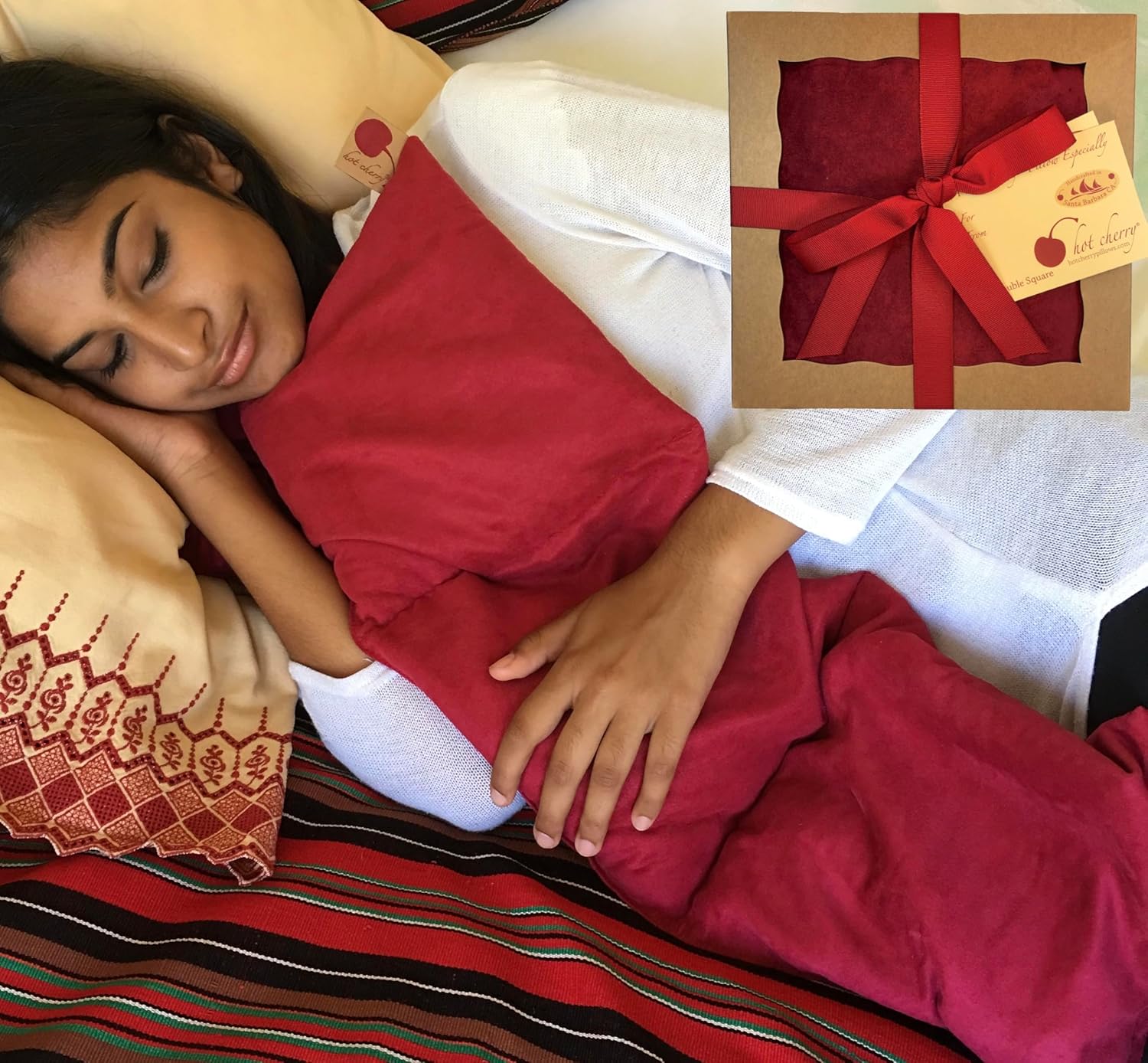 Triple Square Red Ultra Suede, Cherry Pit-Stone Pillow, Microwavable Hot/Cold Compress, Sustainable Heating Pad, Moist Heat, Muscle Joint Pain Relief, Gift