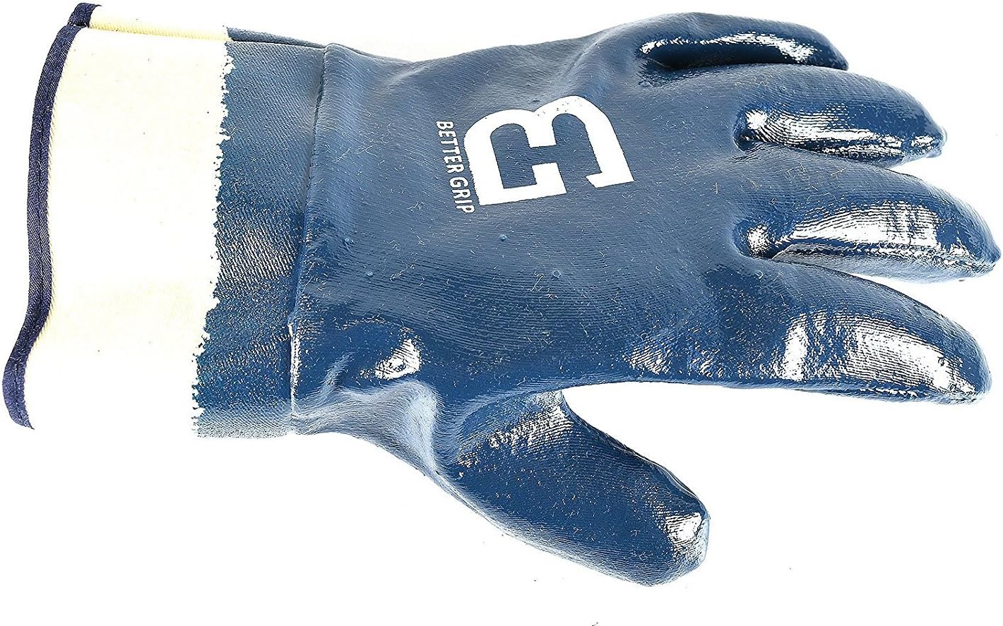 BG105NITRILE Heavy Duty Premium Nitrile Rubber Fully Coated Gloves with Safety Cuffs, Smooth, Blue, Chemical Resistant, Large (3 Pairs)