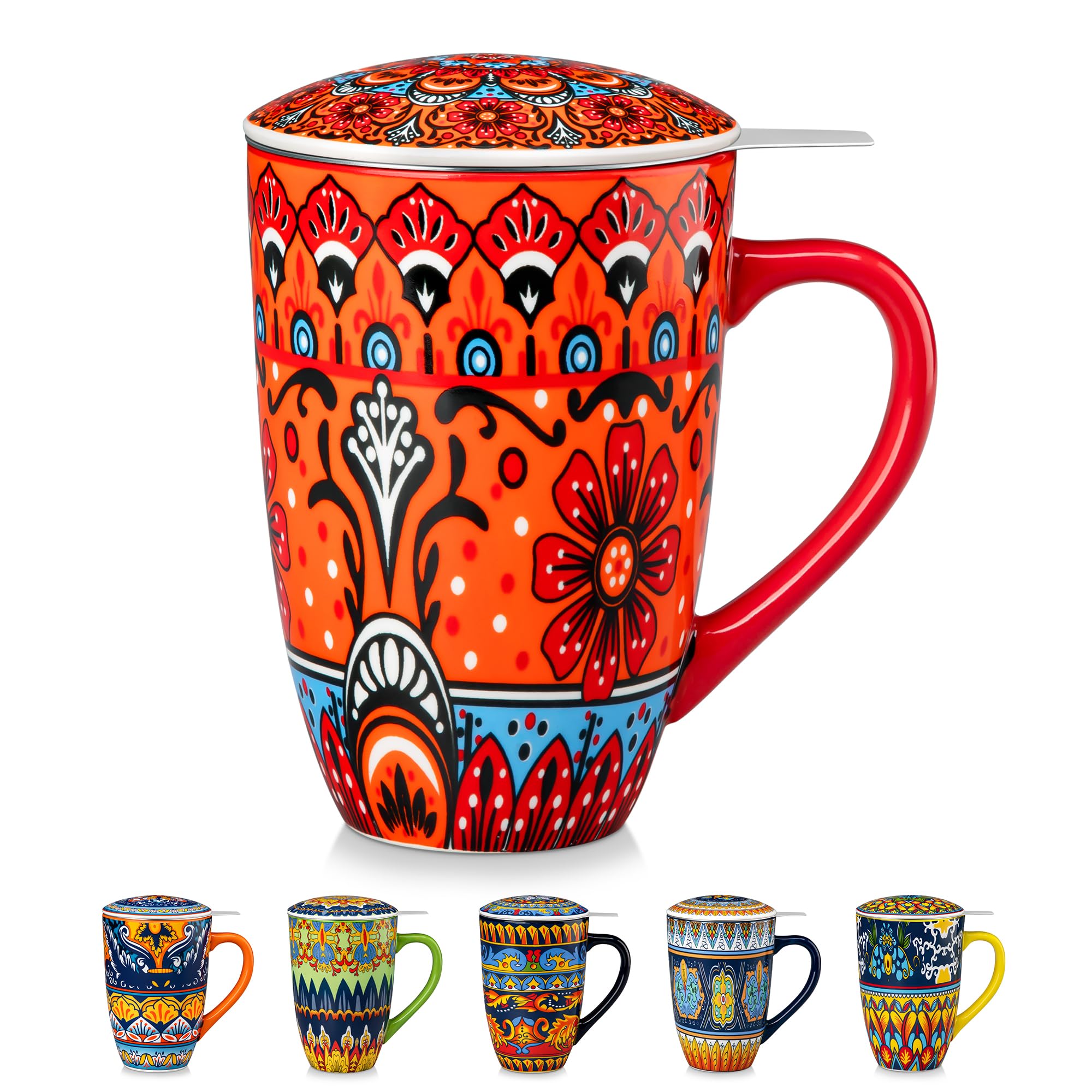 vancasso KRVI Tea Mug with Infuser and Lid, 540ml Porcelain Coffee Cup with Handle, Bohemian Style Tea Infuser Mug for Loose Tea, Fruit Tea, Flower Tea, Microwave & Dishwasher Safe, Marrakech Bloom