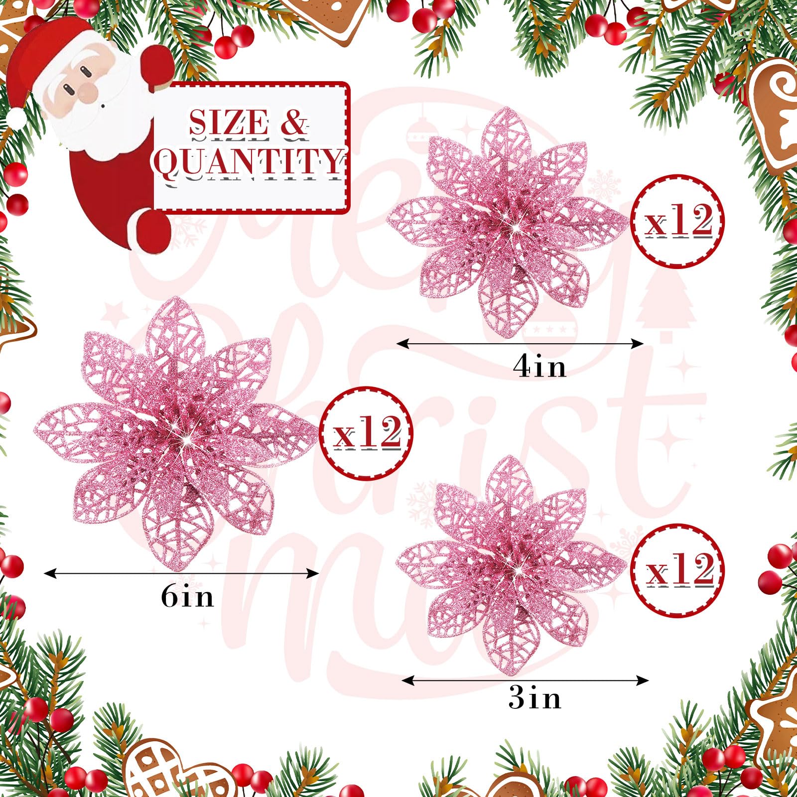 36 Pieces Christmas Glitter Poinsettia Flowers Wedding Glitter Flowers Christmas Tree New Year Ornaments (Pink) - Image 2