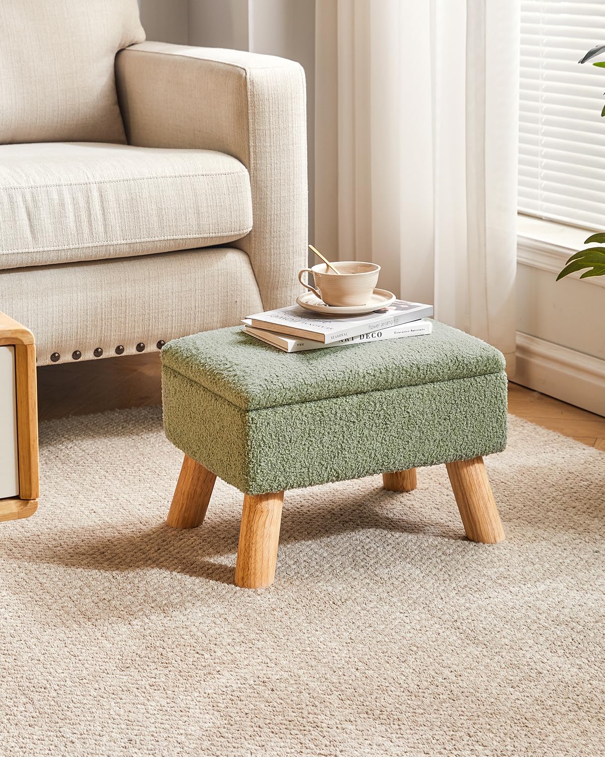 YMYNY Ottomano di Stoccaggio, Pouf Poggiapied, Piccolo Sgabello Con Gambe In Legno Robusto, Sgabello Contenitore Con Sedile Imbottito Per Soggiorno Camera Da Letto Ingresso 40 ×30 ×28CM Verde HBD042GR
