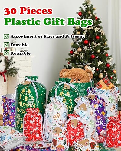 Miniatura 4 de Bolsas de regalo de Navidad de varios tamaños, 30 bolsas de Navidad con cordón para regalos, bolsas de regalo de Navidad pequeñas, medianas y