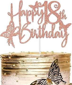 Happy 18th Birthday Cake Topper, Time to Adult, Hello 18, Butterfly Theme 18 Years old Birthday Party Decorations Supplies for Girl, Rose Gold Glitter