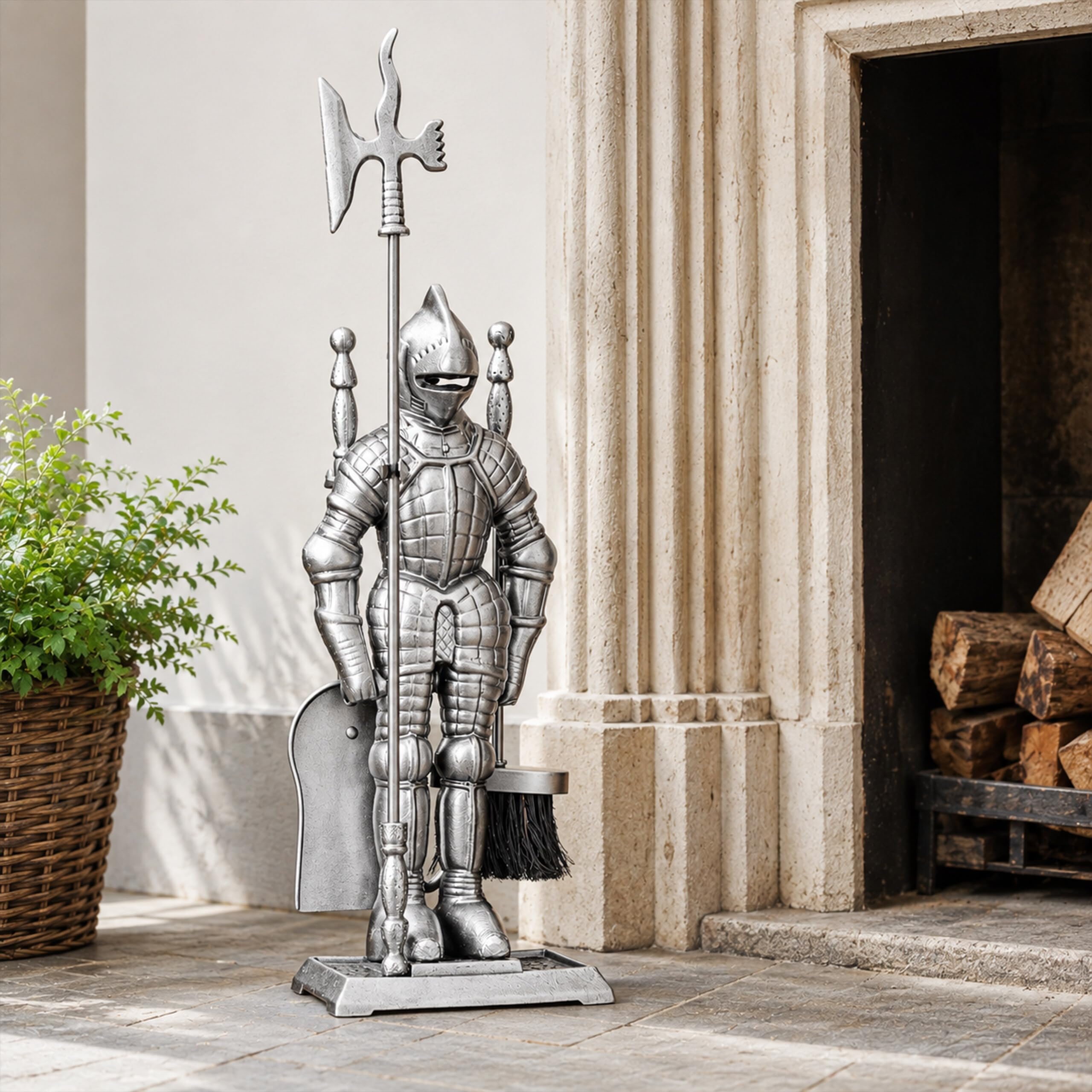 Relaxdays Ensemble serviteur de cheminée 4 pièces Accessoire Chevalier Fonte Pelle Balai tisonnier, argenté