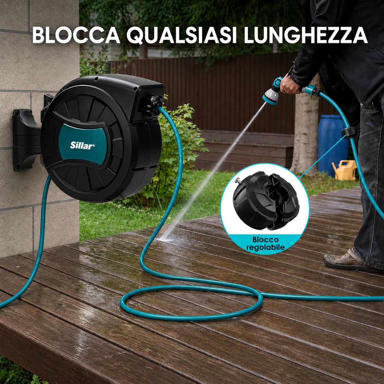 Sillar Avvolgitubo da Giardino 30 Metri da Parete, Avvolgitubo Acqua Automatico con Tubo da Giardino 1/2 Pollice, Rotazione 180°, Pistola Irrigazione 7 Funzioni, Lancia e Kit di Montaggio Inclusi