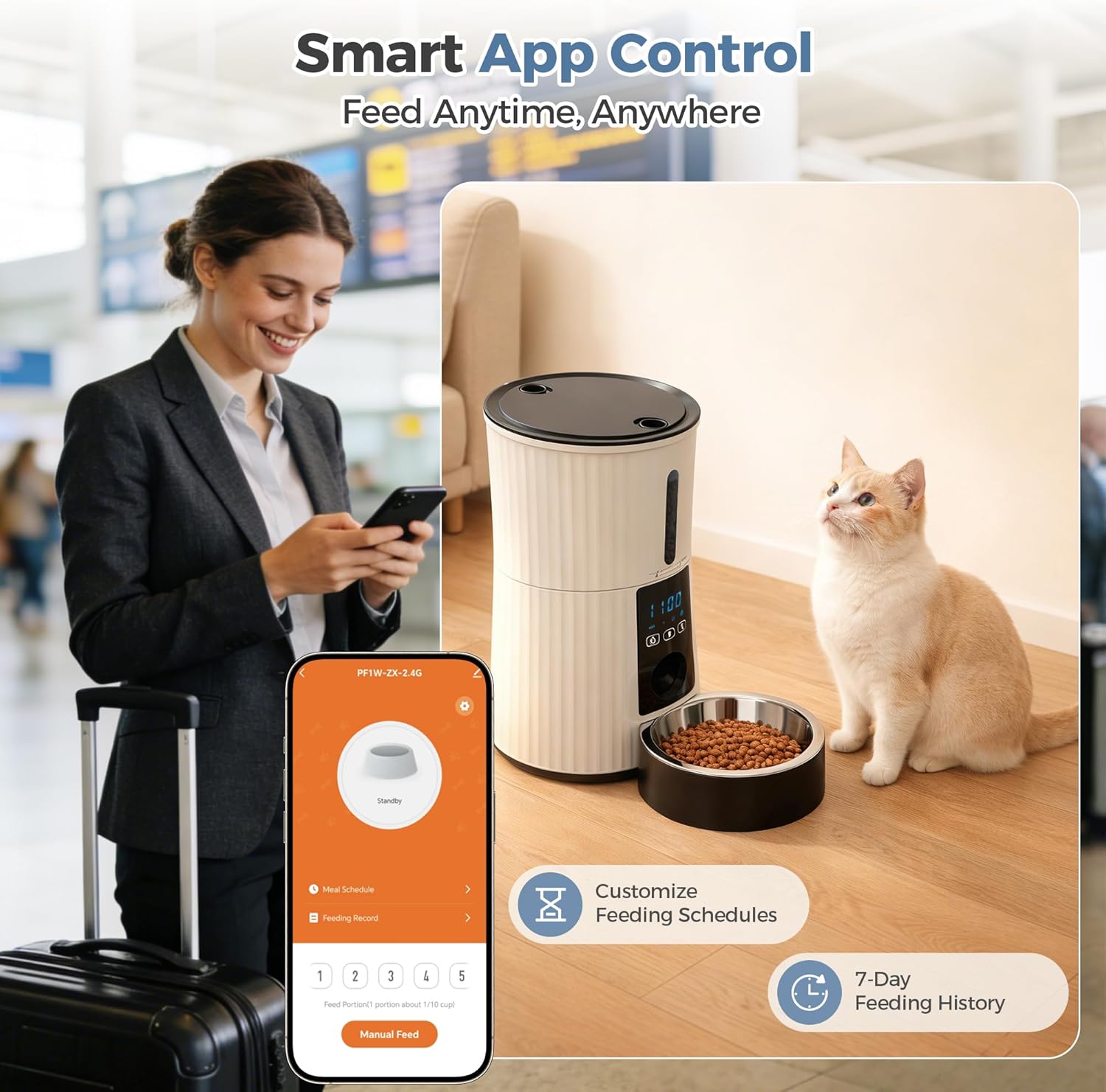 DUMOS 2.4G WiFi Automatic Cat Feeder, 4L Timed Cat Food Dispenser with APP Control, 10s Voice Recorder, Dual Power Supply, Indoor Programmable Pet Feeder with Desiccant for Small Cats and Dogs, White