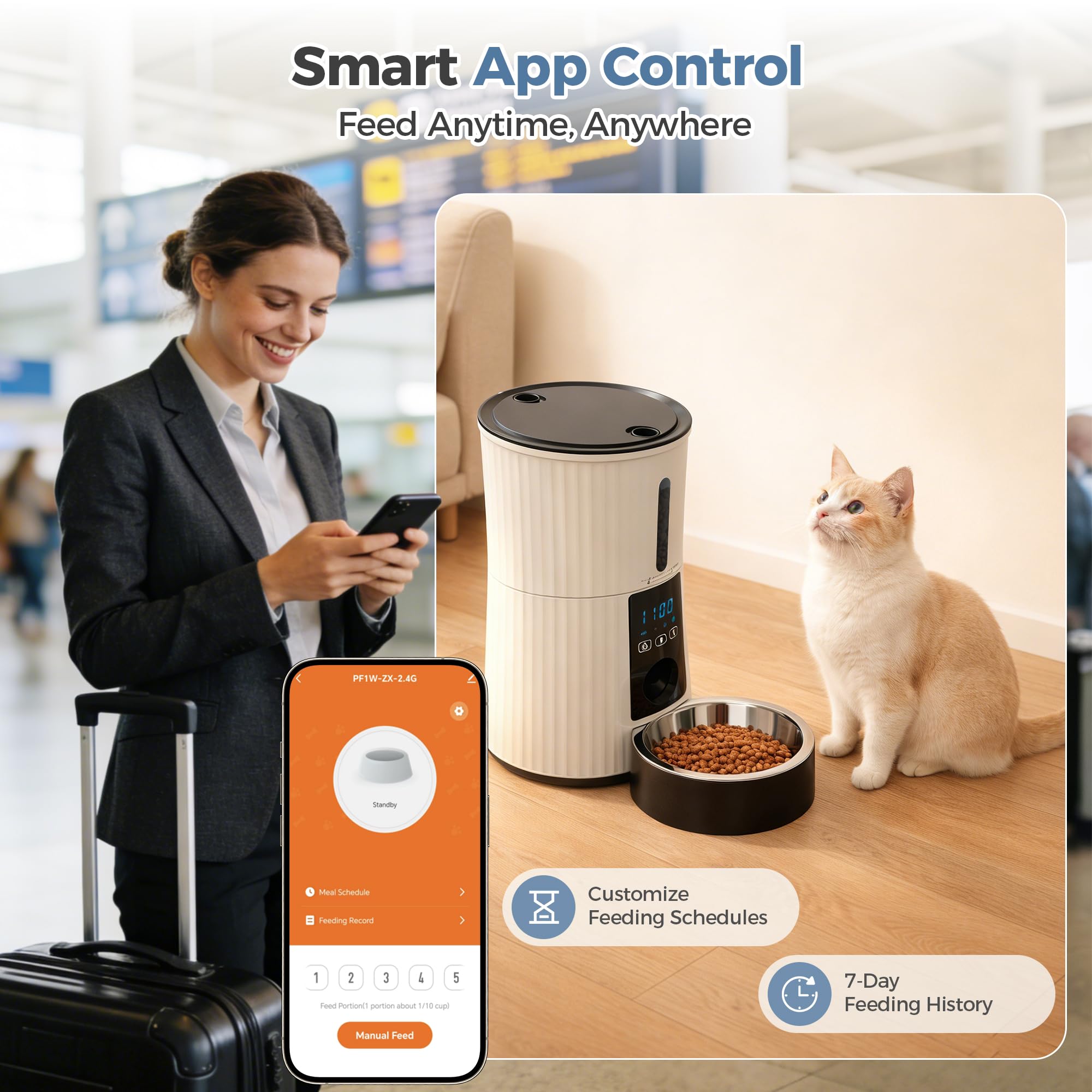 DUMOS Automatic Cat Feeder, 4L Timed Cat Food Dispenser with APP Control, 10s Voice Recorder, Dual Power Supply, 2.4G WiFi Indoor Programmable Pet Feeder with Desiccant for Small Cats and Dogs, White - image 5