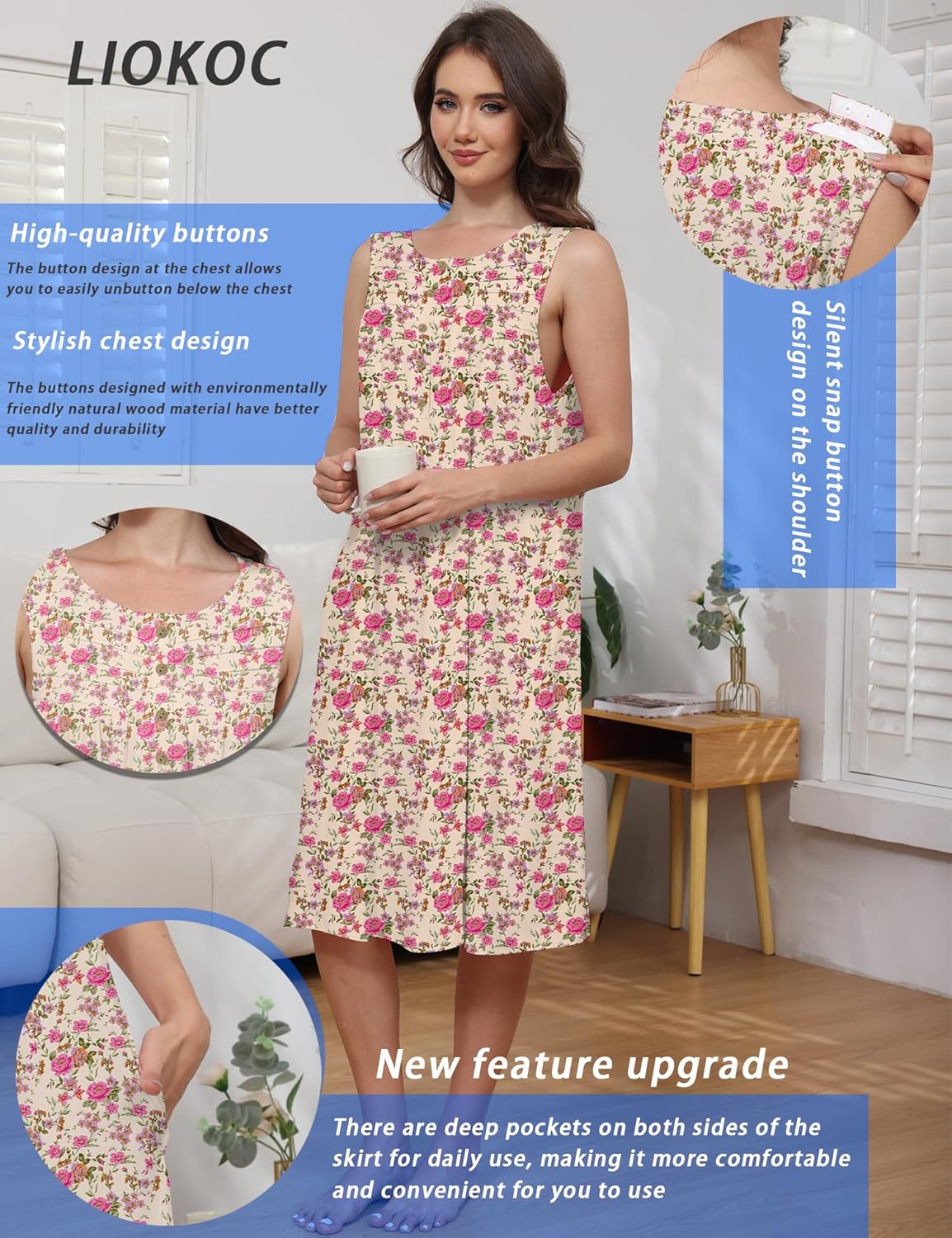 Hospital Gowns for Women Tear Away Snap Open Back Post Shoulder Surgery Sleeveless Adaptive Clothing with Pockets - Image 4