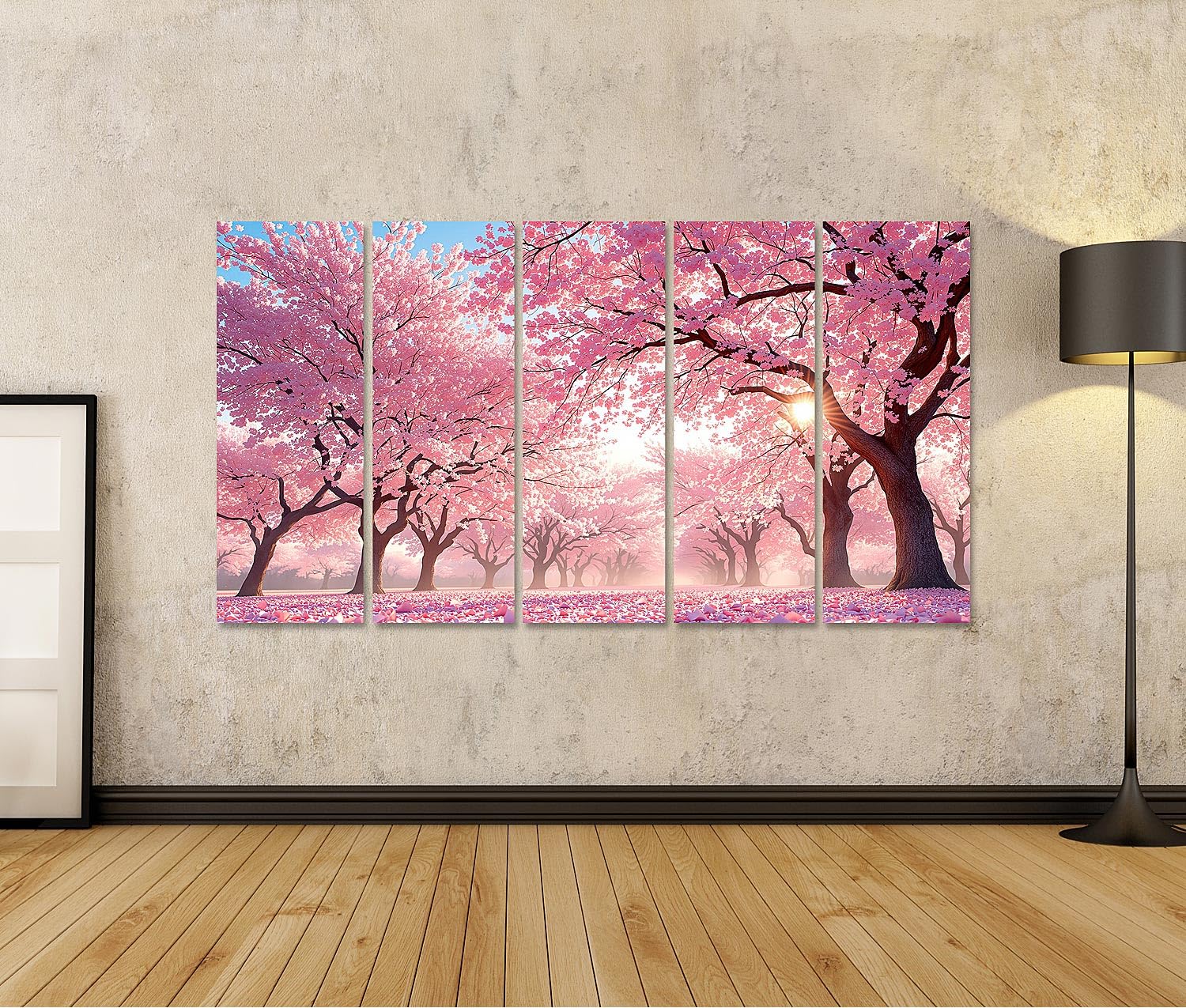 islandburner Quadro su tela Bellissimo murale con alberi di ciliegio in fiore al tramonto – 5 pezzi XXL