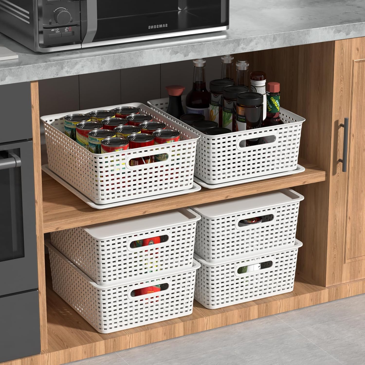 Hespama 6-Pack Plastic Weave Storage Basket with Lid, Stackable Organizer Basket, White