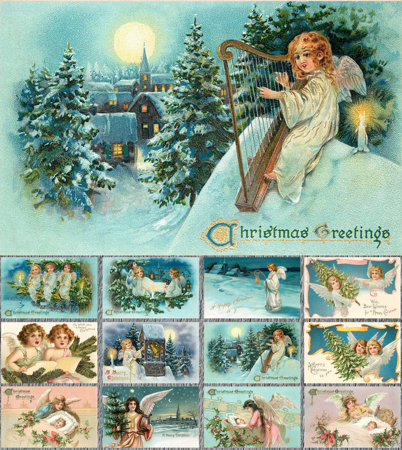PIXILUV CHRISTMAS ANGELS (Pack of 12) Notecards Small Greeting Cards # Holy Angels Christmas Greetings and Cheer ~ Vintage Christmas Postcards Reprint