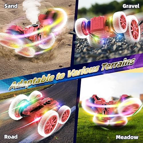 Miniatura 4 de Coche de control remoto, 360 giratorio 4WD RC Cars con spray frío, 2.4Ghz doble cara RC Stunt Truck con luces frías, auto de deriva para niños,