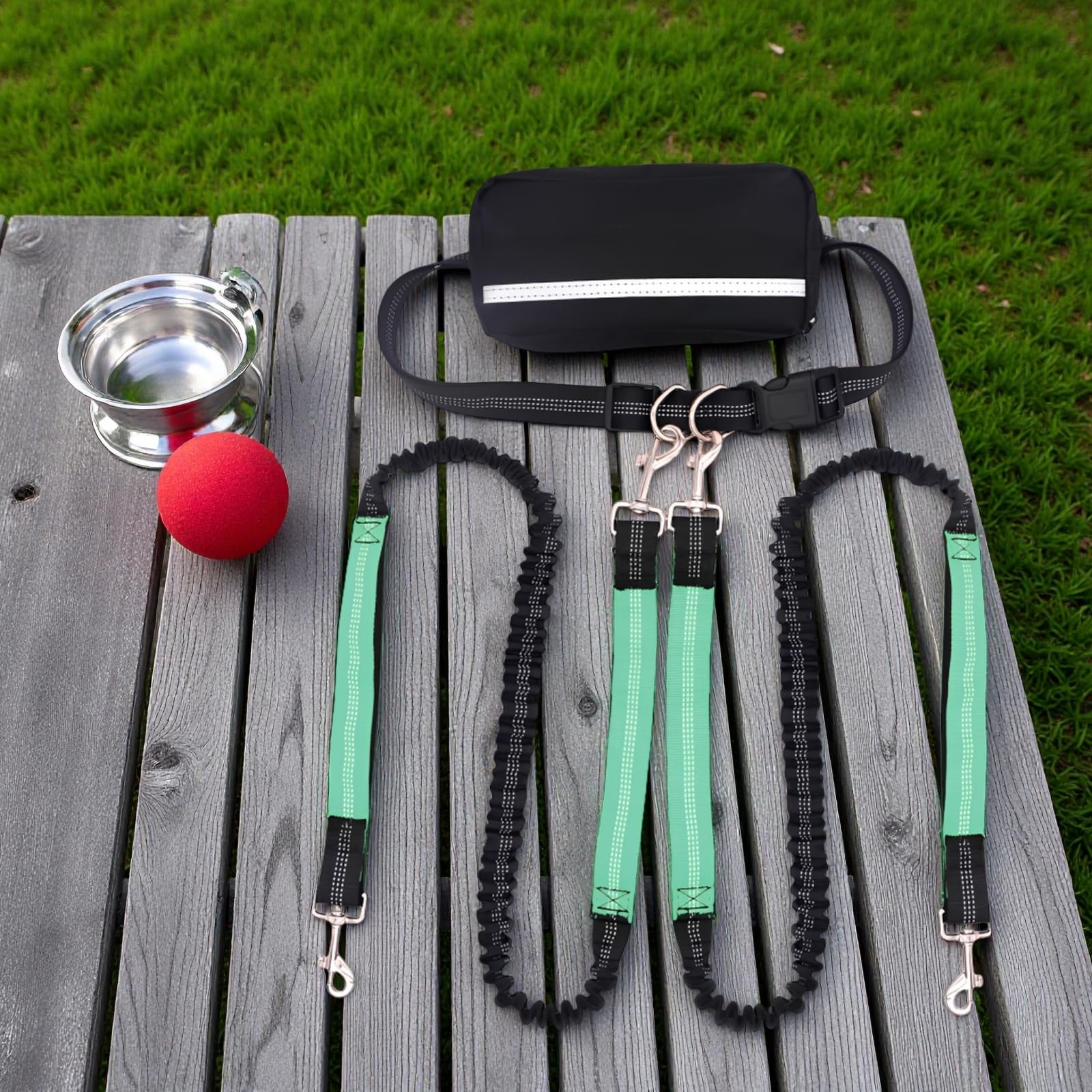 Guinzaglio libero per cani con tasca, doppio guinzaglio per 2 cani, estensibile, cintura in vita regolabile, riflettente, nylon resistente, verde
