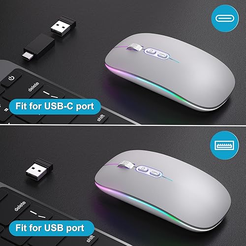 Miniatura 5 de Actualización Ratón inalámbrico LED, mouse delgado y silencioso 2.4G portátil óptico de oficina con USB y receptor tipo C, 3 niveles de DPI