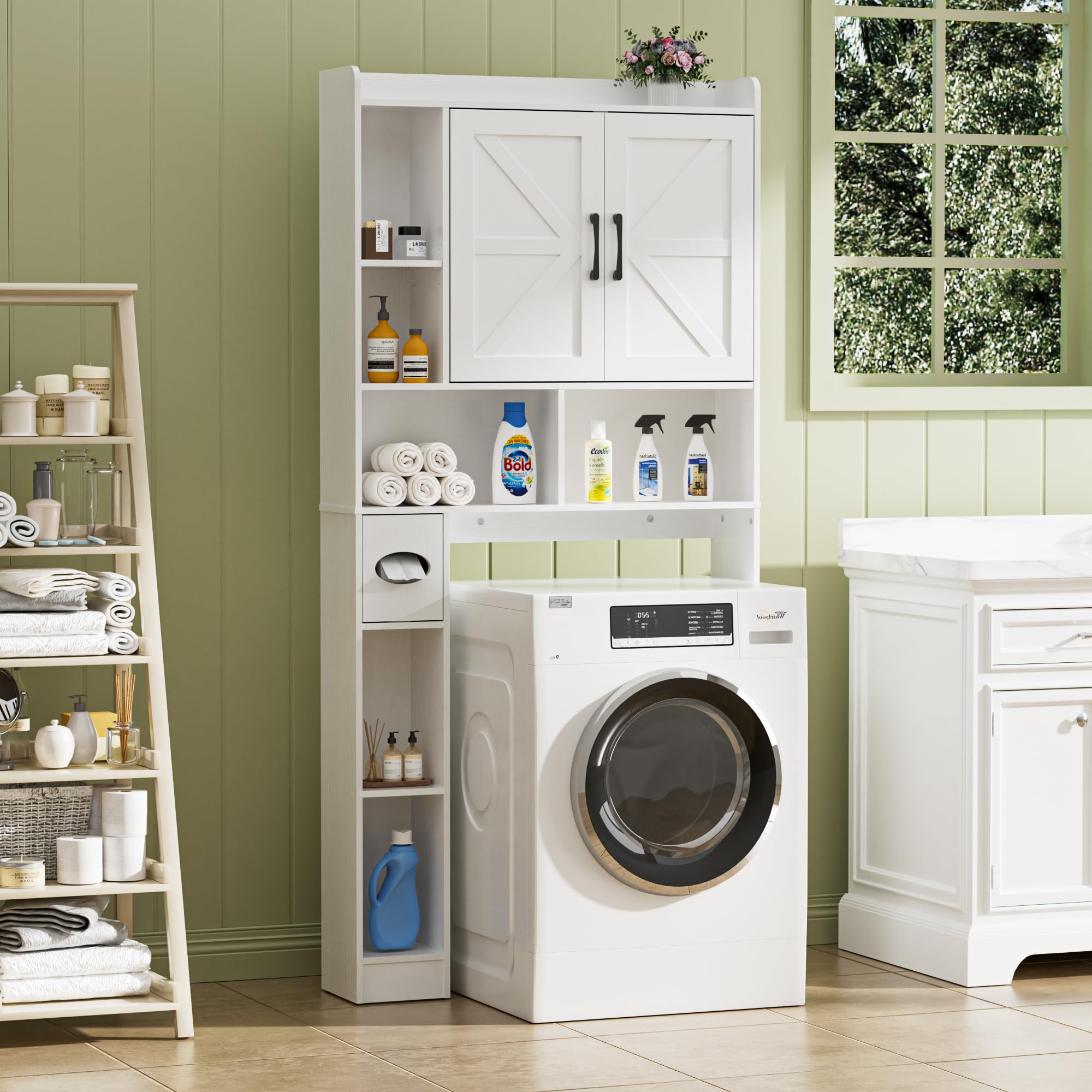 BonVache Waschmaschinenschrank mit 2 Türen, Verstellbare Ablagen, Waschmaschinenregal mit Seitenfach für Papierhandtuch und 6 offene Fächer, für Badezimmer, Toilette und Waschküche, Weiß