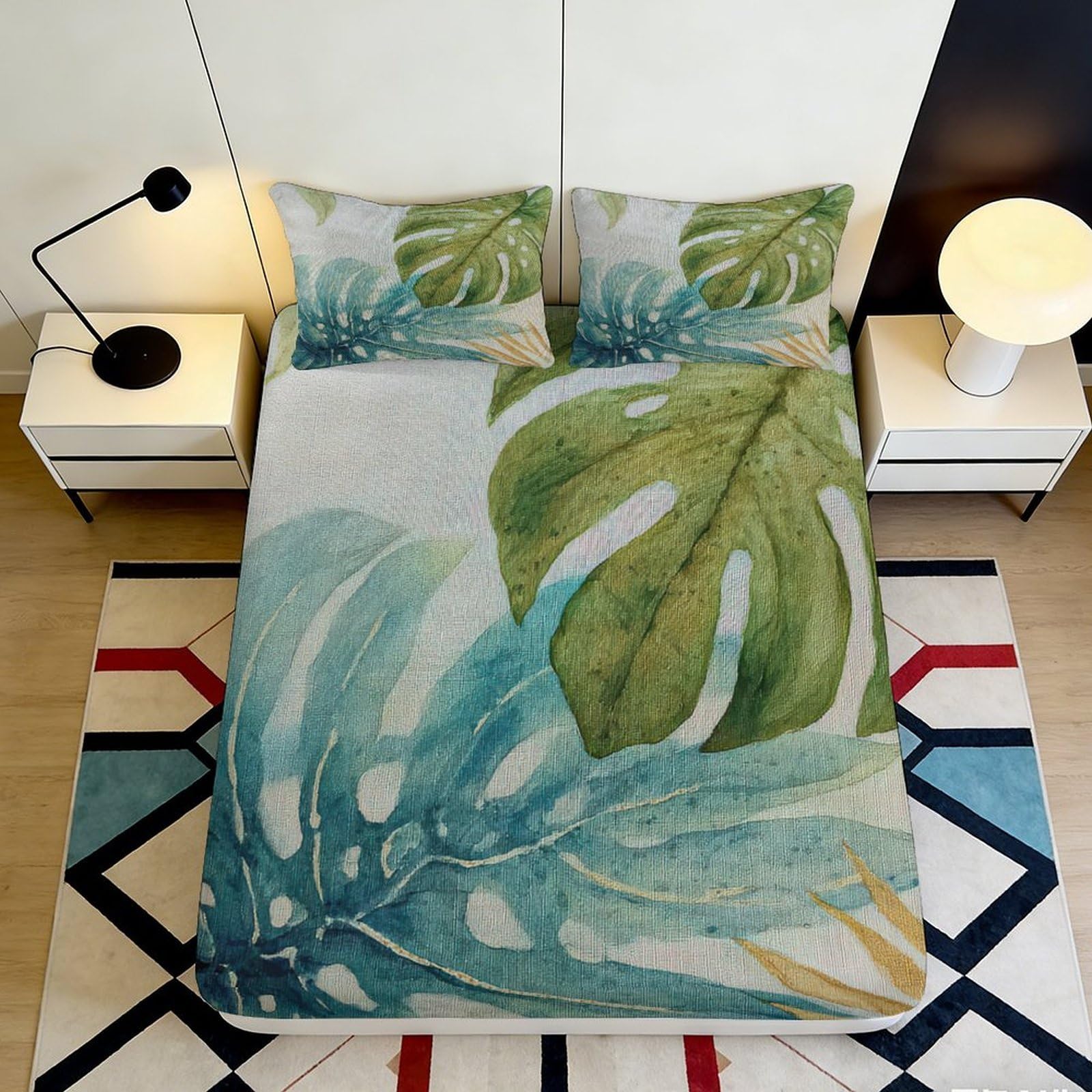 3D Printed Tropical Monstera Fitted Sheet Microfiber Soft Breathable Palm Leaf Bed Cover for Bedroom Guest Room Decor 200x200x25cm