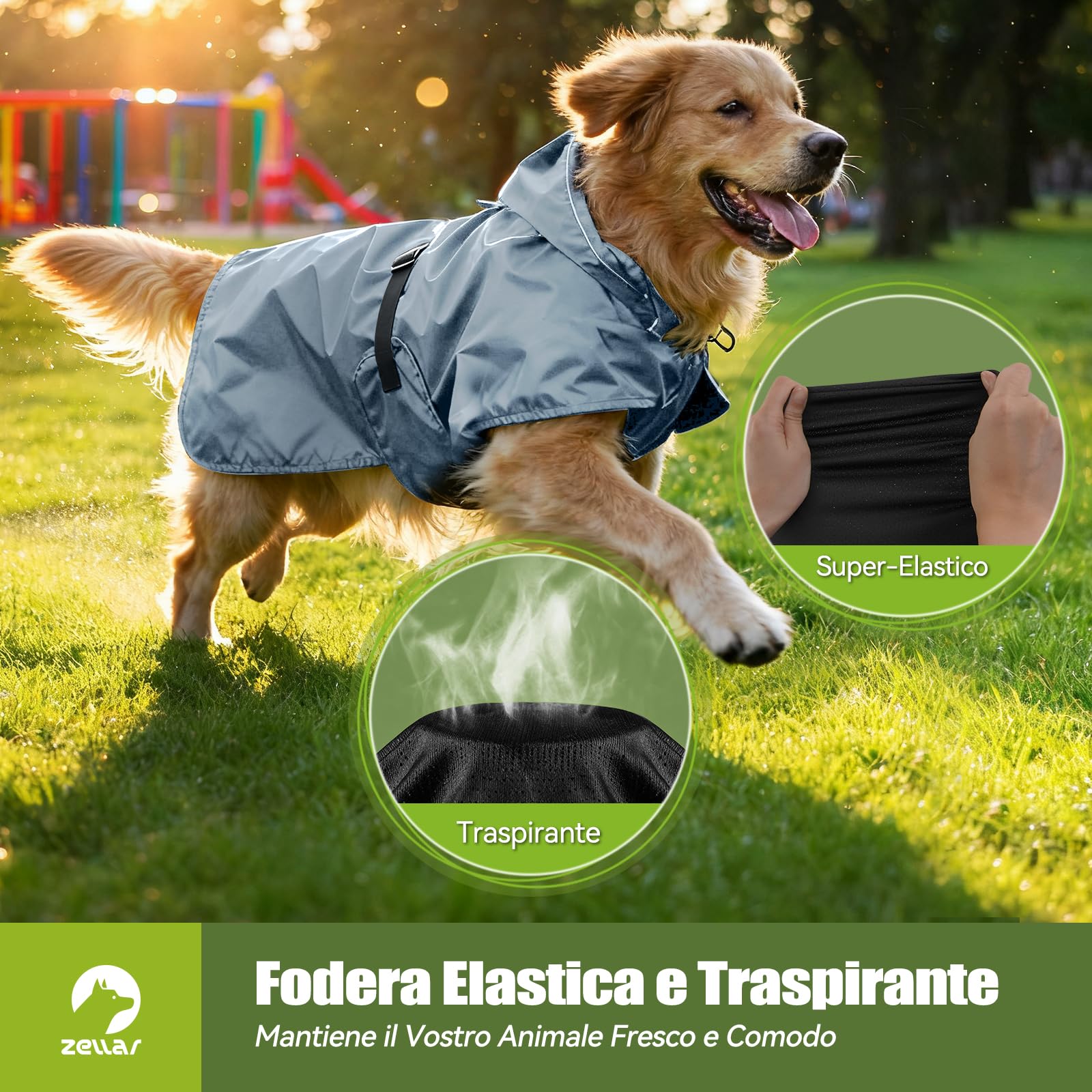 Zellar Impermeabile per Cani Regolabile, Leggero con Buco per Collare e Strisce Riflettenti, Vestibilità Facile, Traspirante Cappotto Pioggia Cane Taglie Media e Grandea (XL, Grigio)