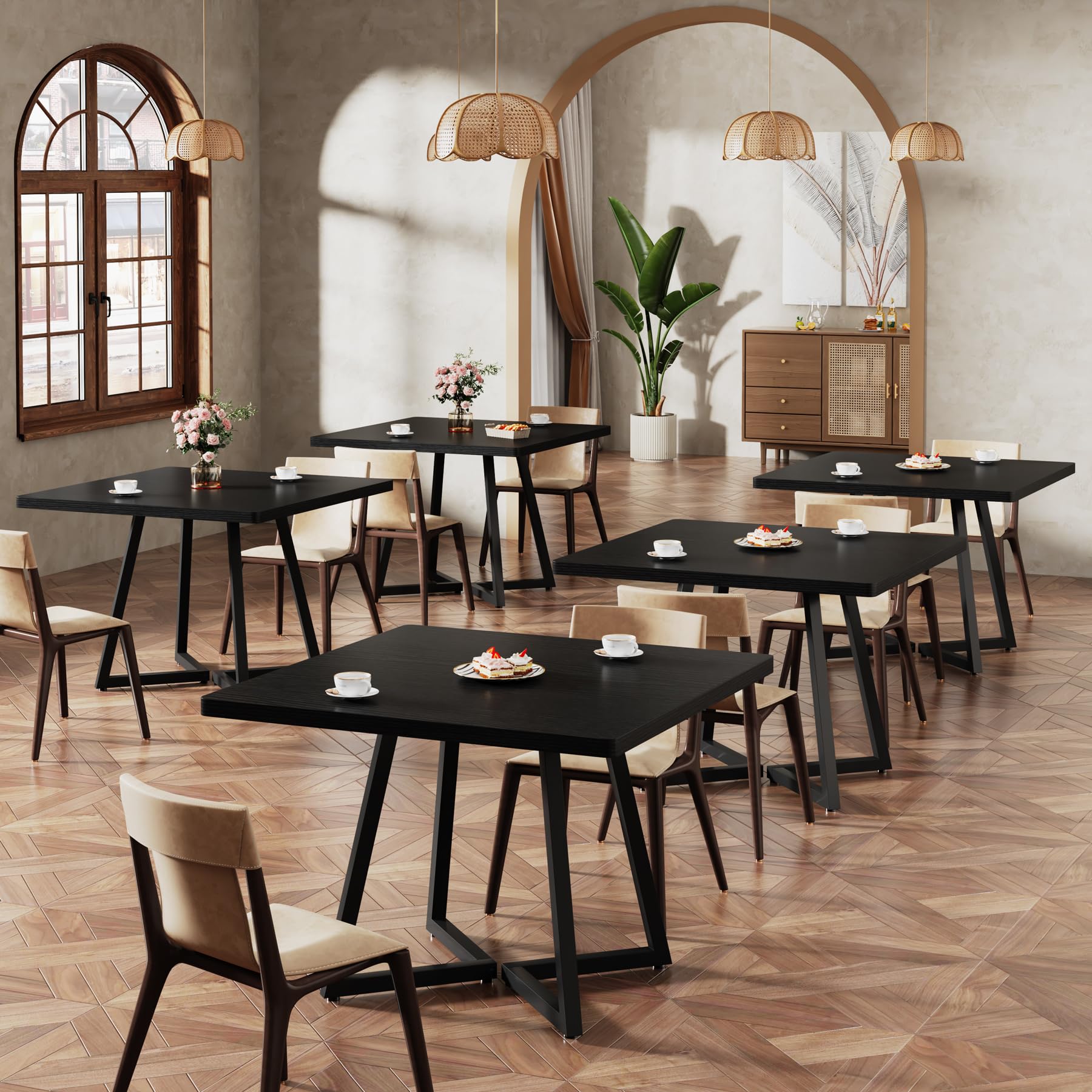 Tribesigns Square Dining Table, 31.5" Industrial Dinner Table with Metal Base, Kitchen Table for Dining Room, Small Space, Apartment, Black (6pcs)