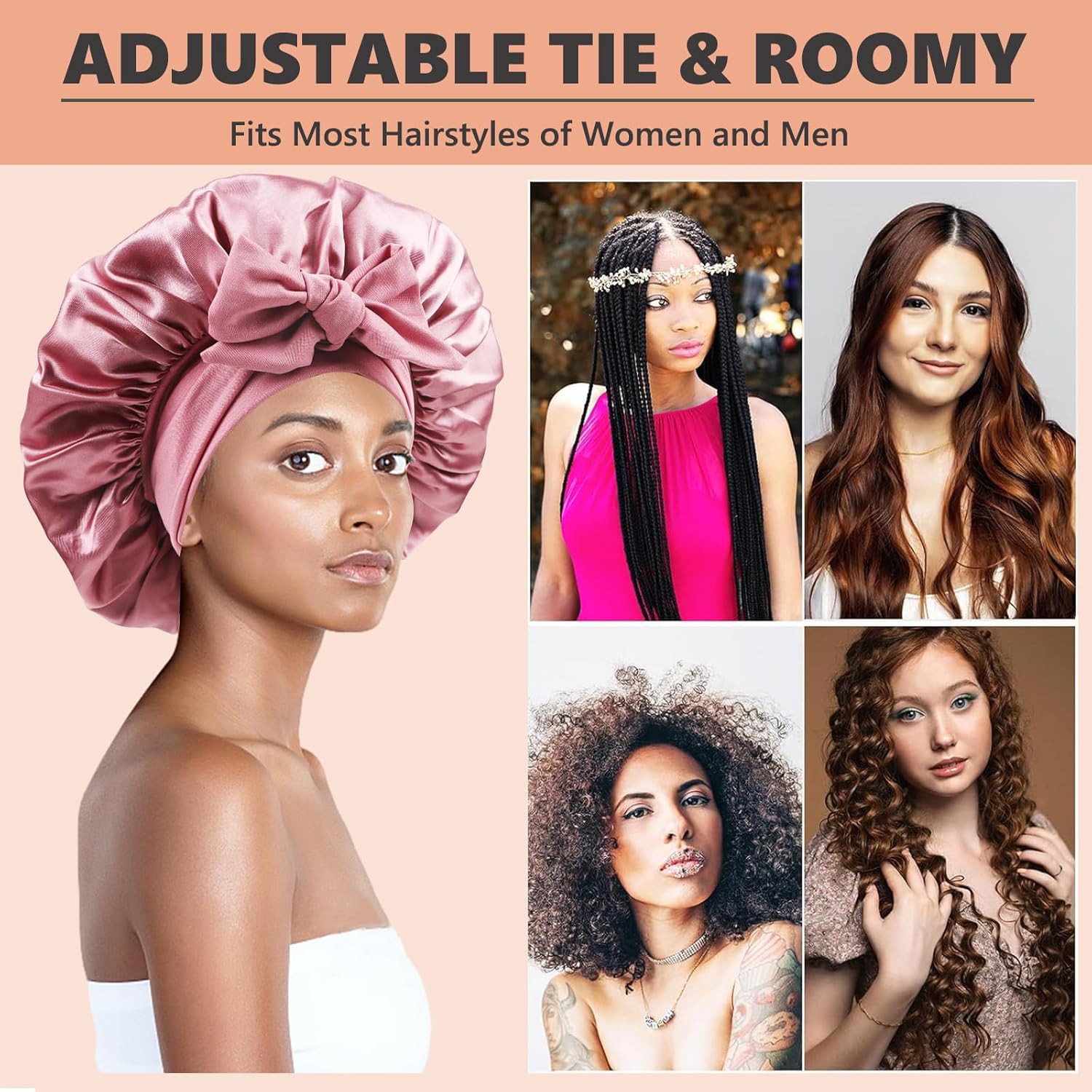 Satin Bonnet for Sleeping Women,Double Layer Hair Bonnet for Sleeping with Tie Band for Curly Hair Braids Long Hair Rose Gold - Image 5