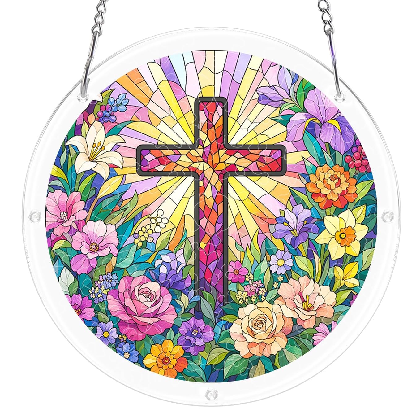 Floral Cross- Acrylic Jigsaw Puzzles Suncatcher, 8.9 Inch Window Hanging Suncatcher Acrylic Puzzle, DIY Home Decor Art Gift