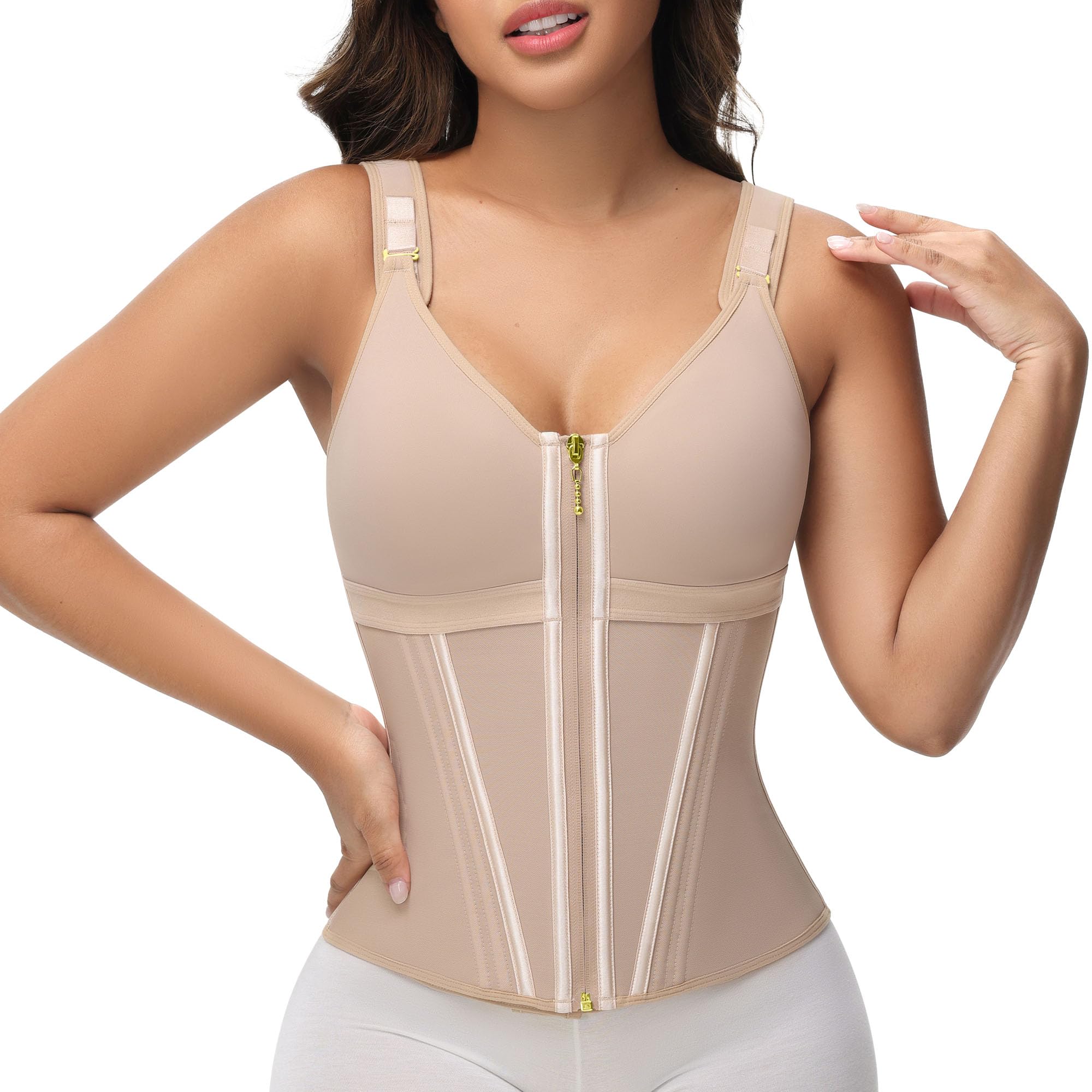 Photo 1 of SHAPSHE Waist Trainer Corset for Women Tummy Control Sport Workout Body Shaper Vest for Postpartum Gym Zipper and Hooks Tan M