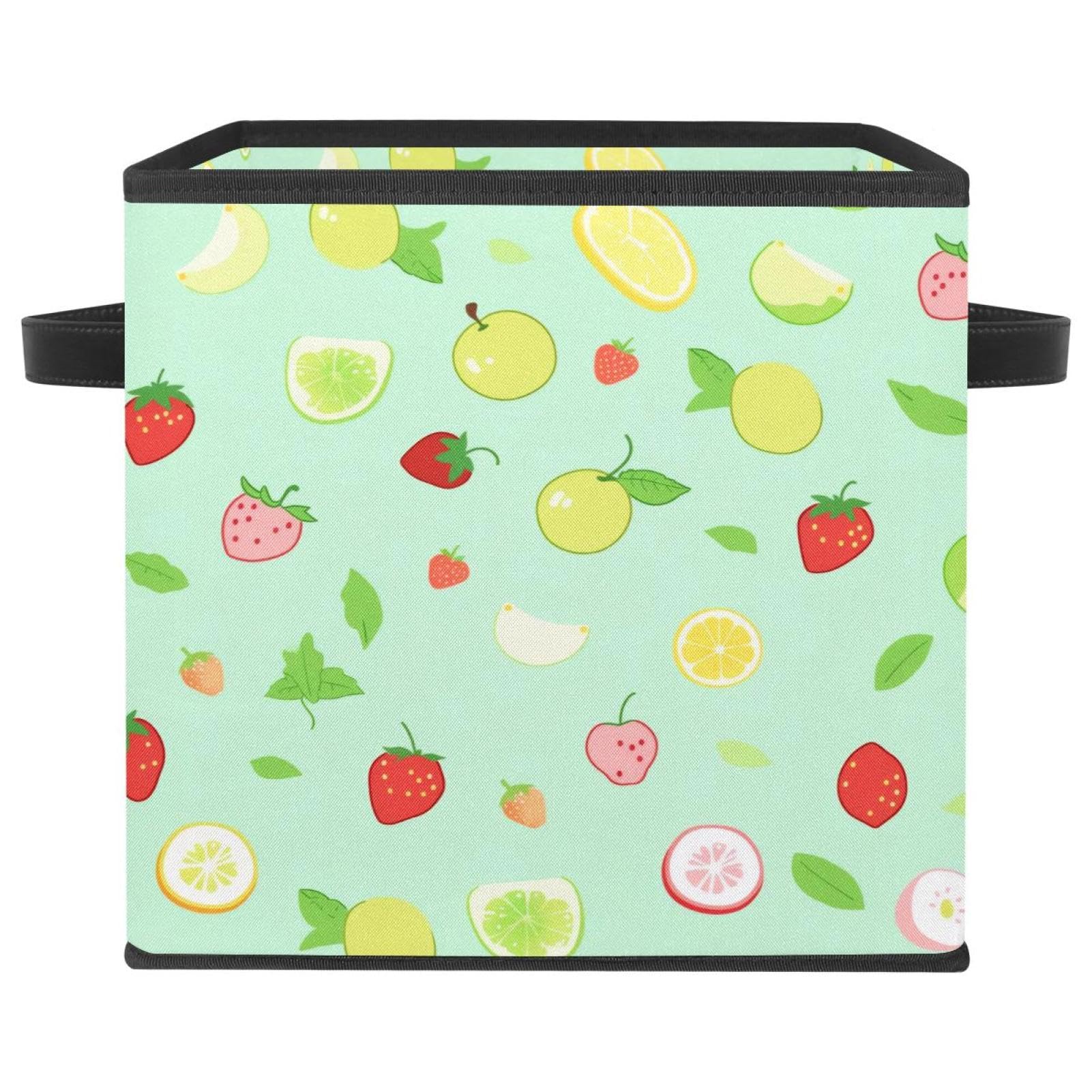 Boîte de rangement pliable grand cube à poignées cuir et motif fruits verts