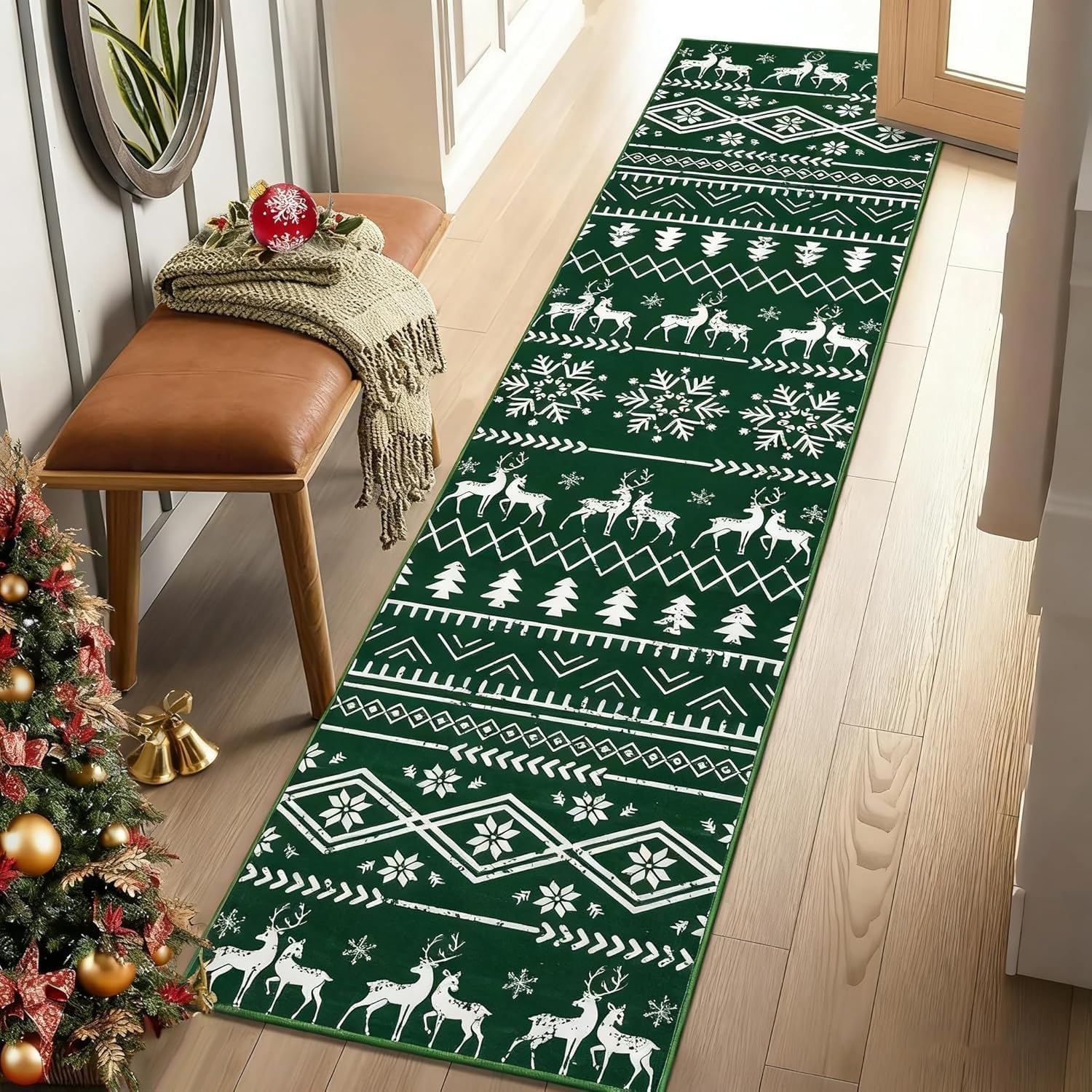 Christmas 6×40ft Machine Washable Modern Design Non-Slip Rubberback Traditional Runner Rug for Hallway, Kitchen, Bedroom, Entryway