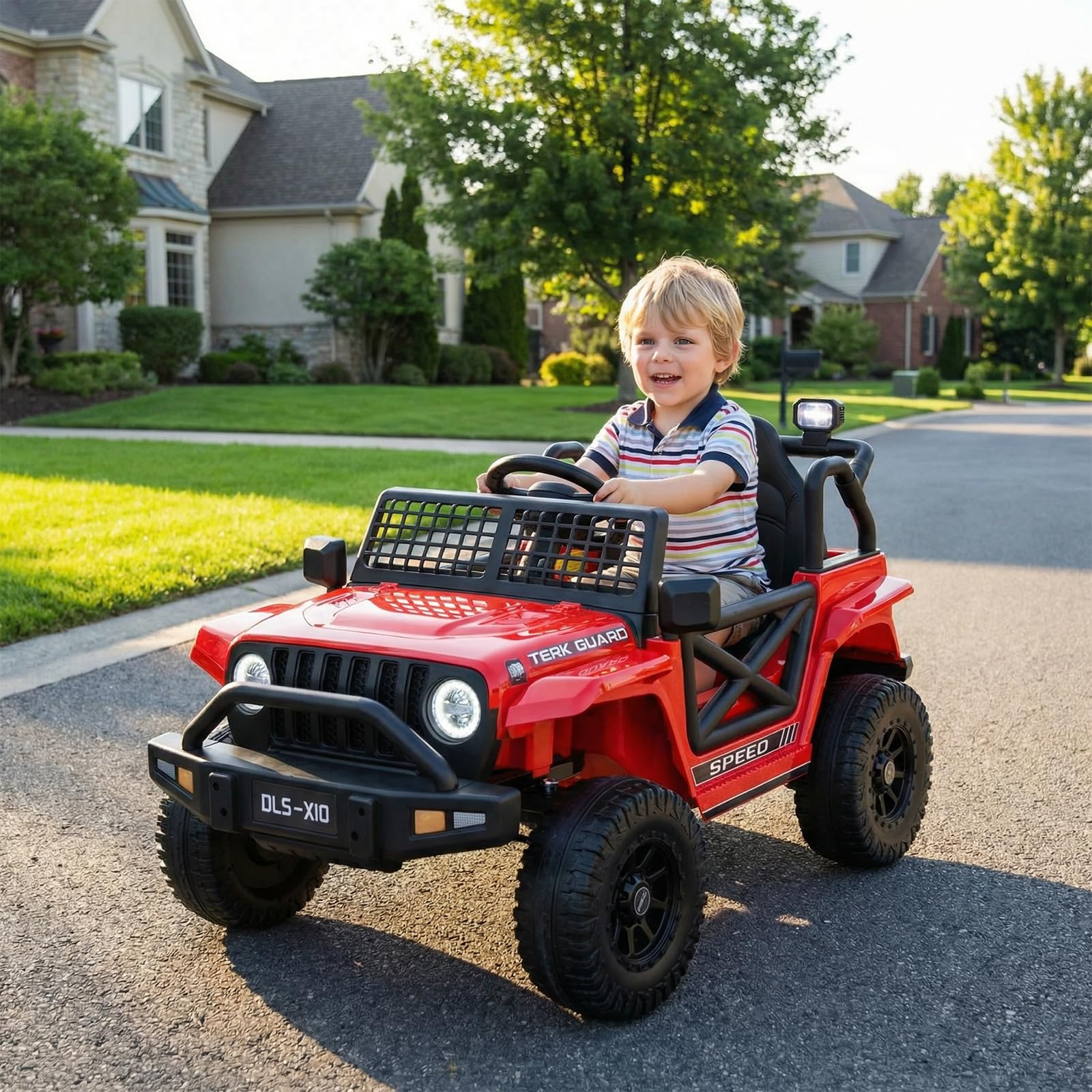 MAMIZO Kinder Elektroauto 12V 7Ah, Kinder Elektrofahrzeug, Elektrische Kinderauto mit 2 Motoren 12V, Fernbedienung, Geschwindigkeitsstufen, LED und Sicherheitsgurt, Musik, für 3-8 Jahren, 30KG, Rot