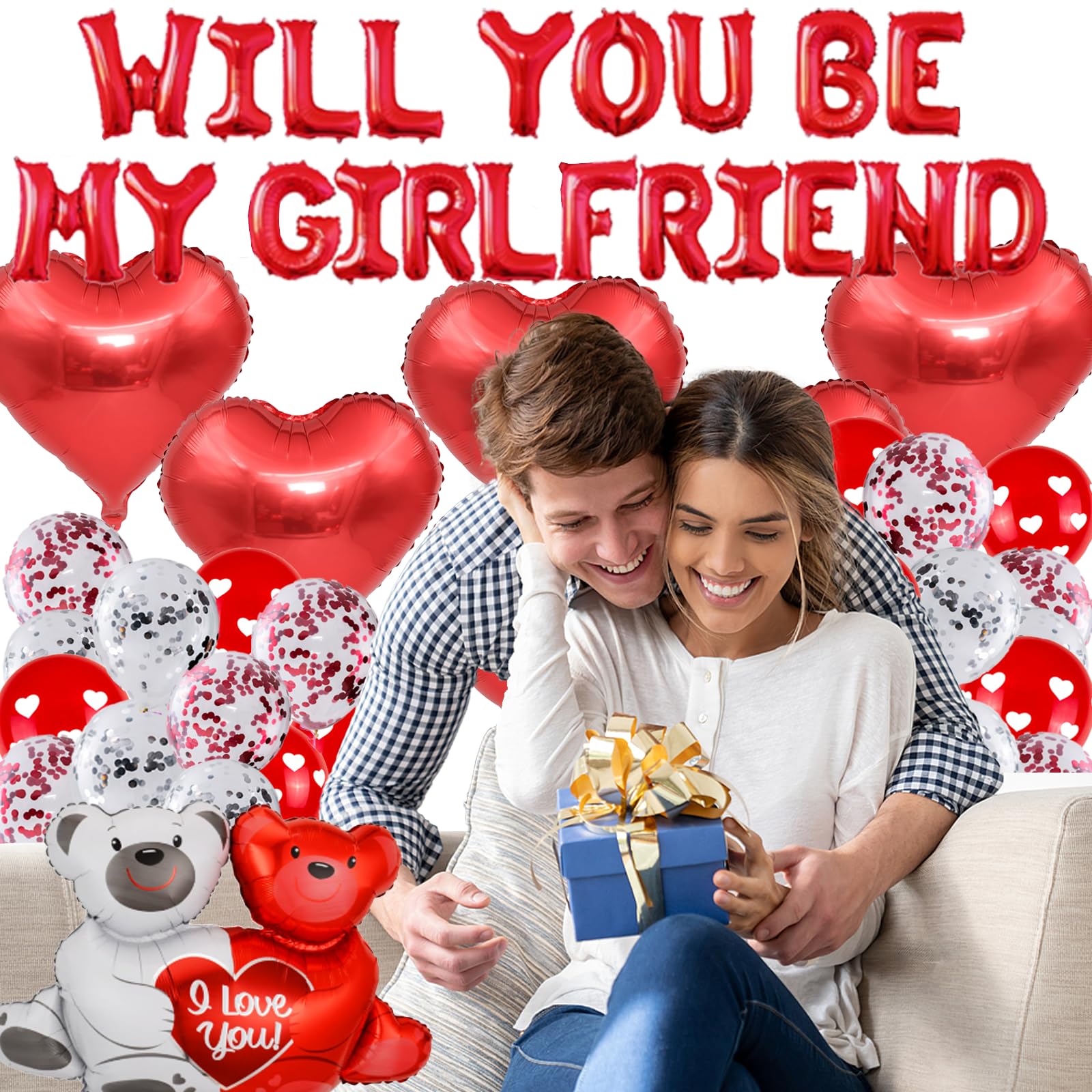 Will You Be My Girlfriend Decorations, Rose Petals, Romantic Red Letter Foil Balloons - Image 4