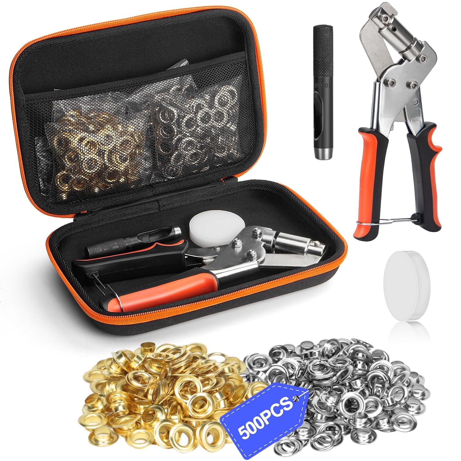 Heavy Duty Grommet Tool Kit, Handheld 3/8 inch Eyelet Kit Manual Grommet Press Machine with 500 pcs Grommets, Eyelet Grommet Kit with Carrying Case for Tarp, Fabric & Leather - Black