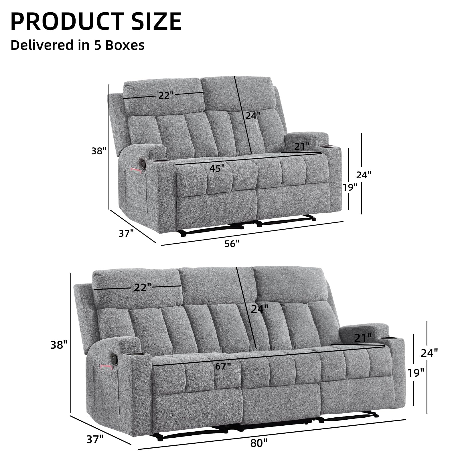 CANMOV Manual Recliner Sofa Set, Fabric Reclining Sofa Chair with Side Pockets and Cup Holders, Living Room Set Includes 3 Seate&Loveseat for Bedroom, Meeting Room, Home Theater, Light Grey view 2