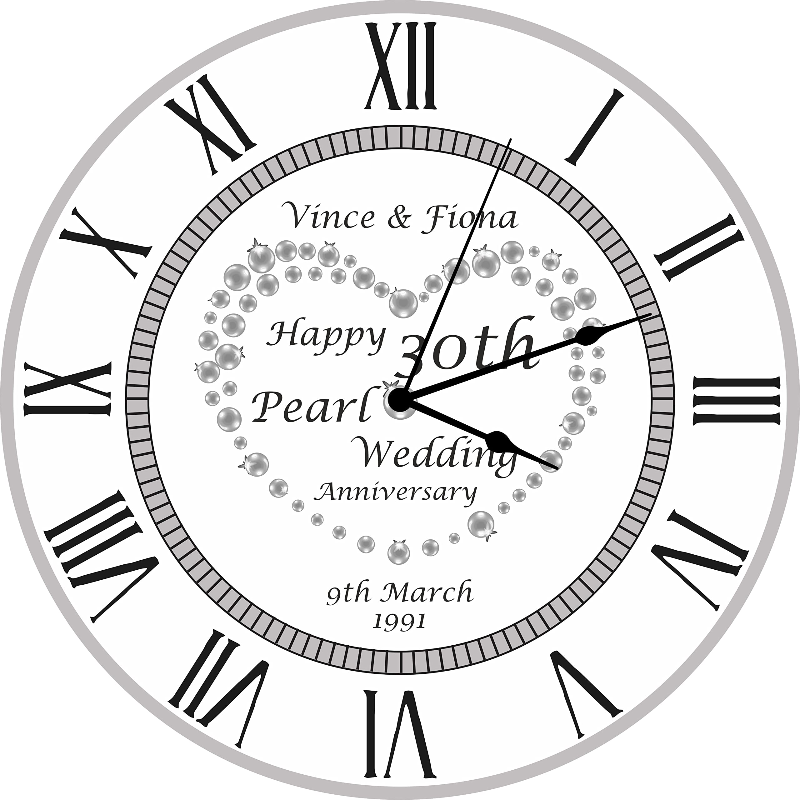 Precision Designs Unique Personalised 30th Pearl Wedding Anniversary Clock - Size 30cm Silent Wall Mountable with Roman Numerals - Special Wedding Gift