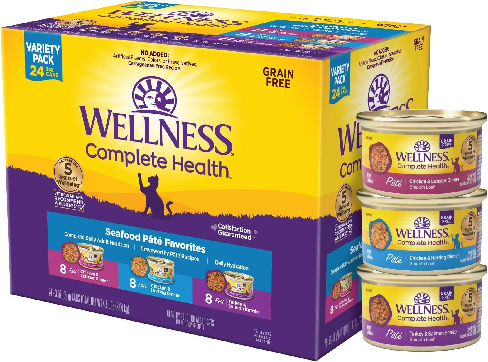 - Wellness Complete Health Pate Variety Pack Adult Canned Wet Cat Food, Natural, Protein Rich, Grain Free, Seafood Favorites, 3 oz, Pack of 24 Cans