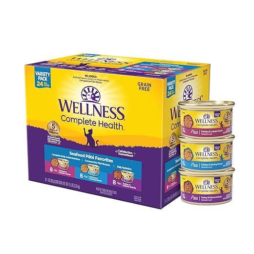 Wellness Complete Health Pate Adult Wet Cat Food, Natural, Protein-Rich, Grain-Free, 3 Ounce, 24 Pack, (Seafood Favorites Variety Pack)