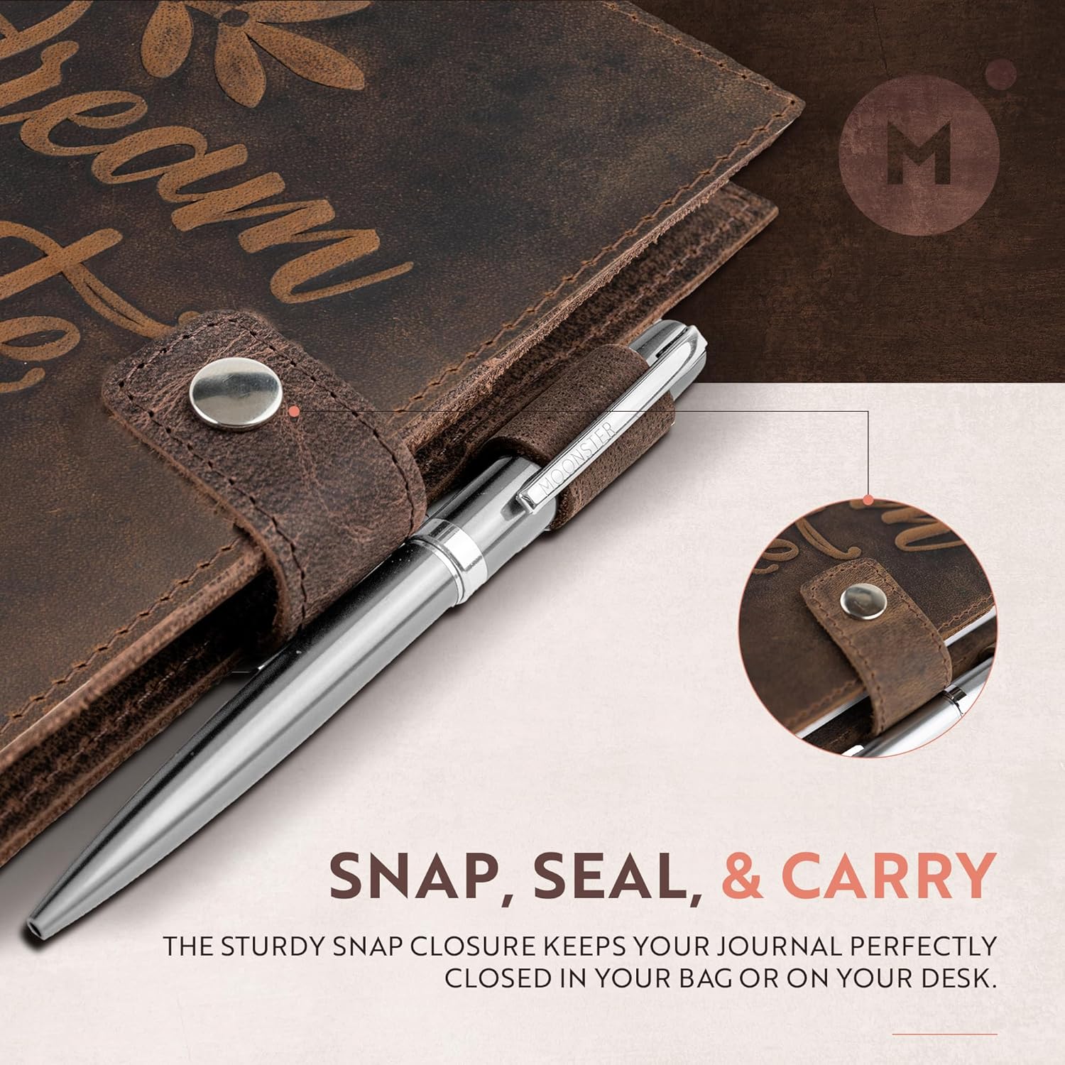 moonster Leather Journal Refillable Notebook, Writing Journals for Women, Inspirational Journal Leather Notebook Cover with Pen, Leather Bound Journal Lined Paper A5 Diary, Vintage Travel Journal - Image 3