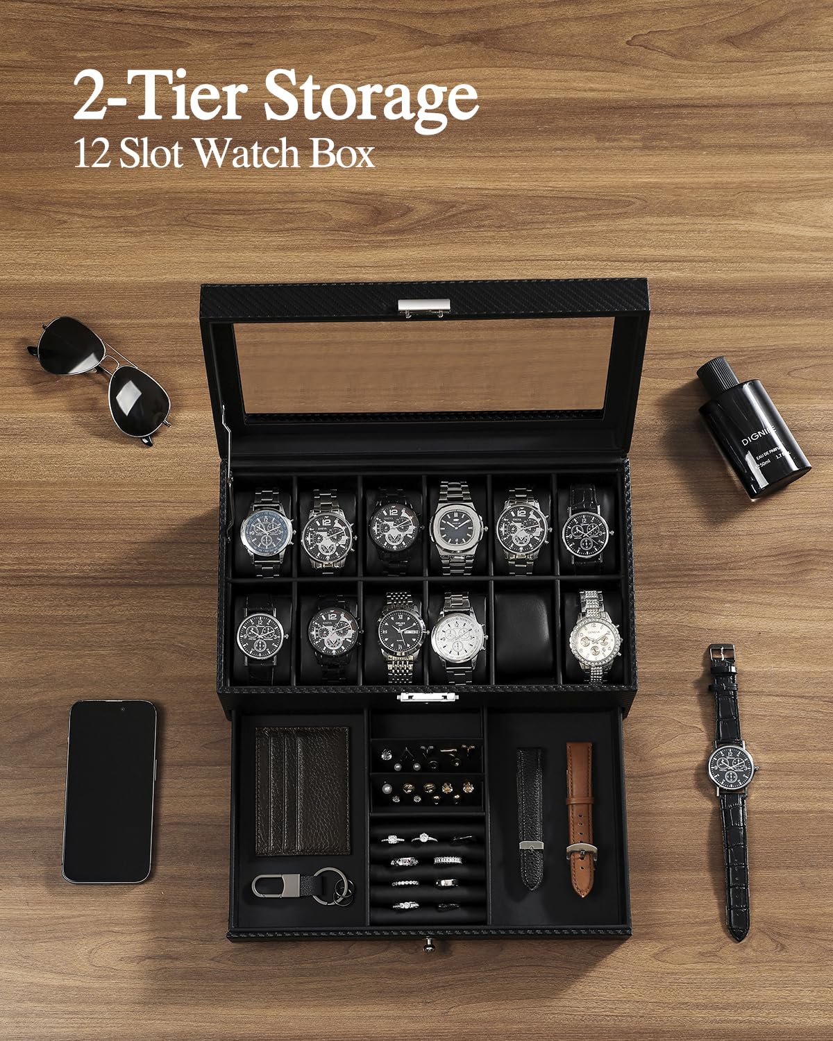 Caja de Reloj para 12 Relojes, Caja de 2 Niveles con Tapa de Cristal y Cajón, Caja de Reloj para Hombre con Cerradura de Llave para Hombres, Anillos, Gemelos y Relojes, Color Negro