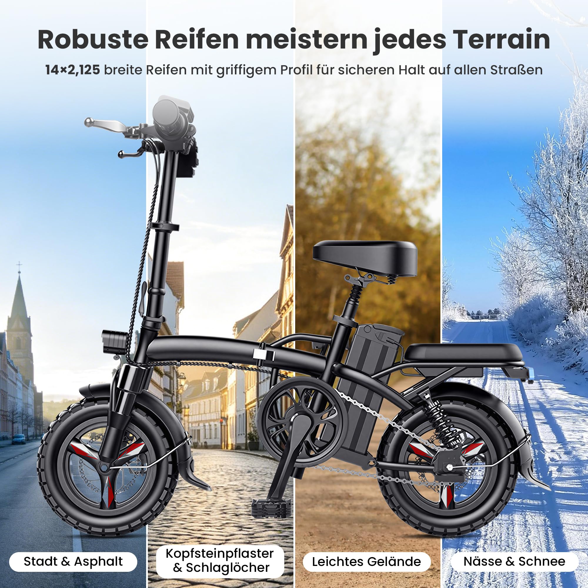 E Bike mit bis zu 40 km Reichweite,14 Zoll E Bike Elektrofahrräder mit Federung, LED-Licht für Stadtpendler & Scheibenbremsen
