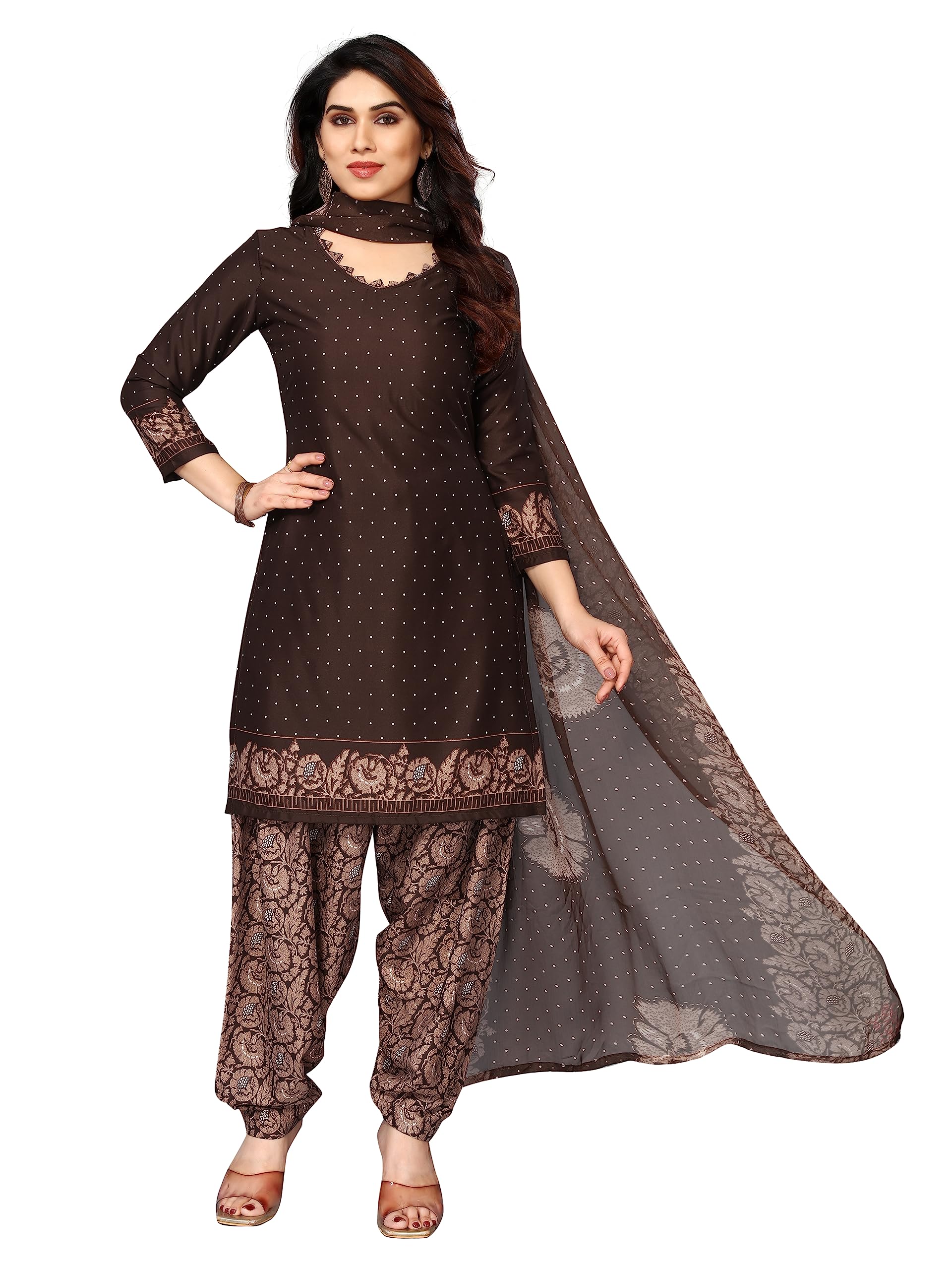 Sidhidata Women's Women's Crepe Printed Patiyala Salwar Suit Dress Material Suit (DM Brown Rose_Brown_Unstitched)