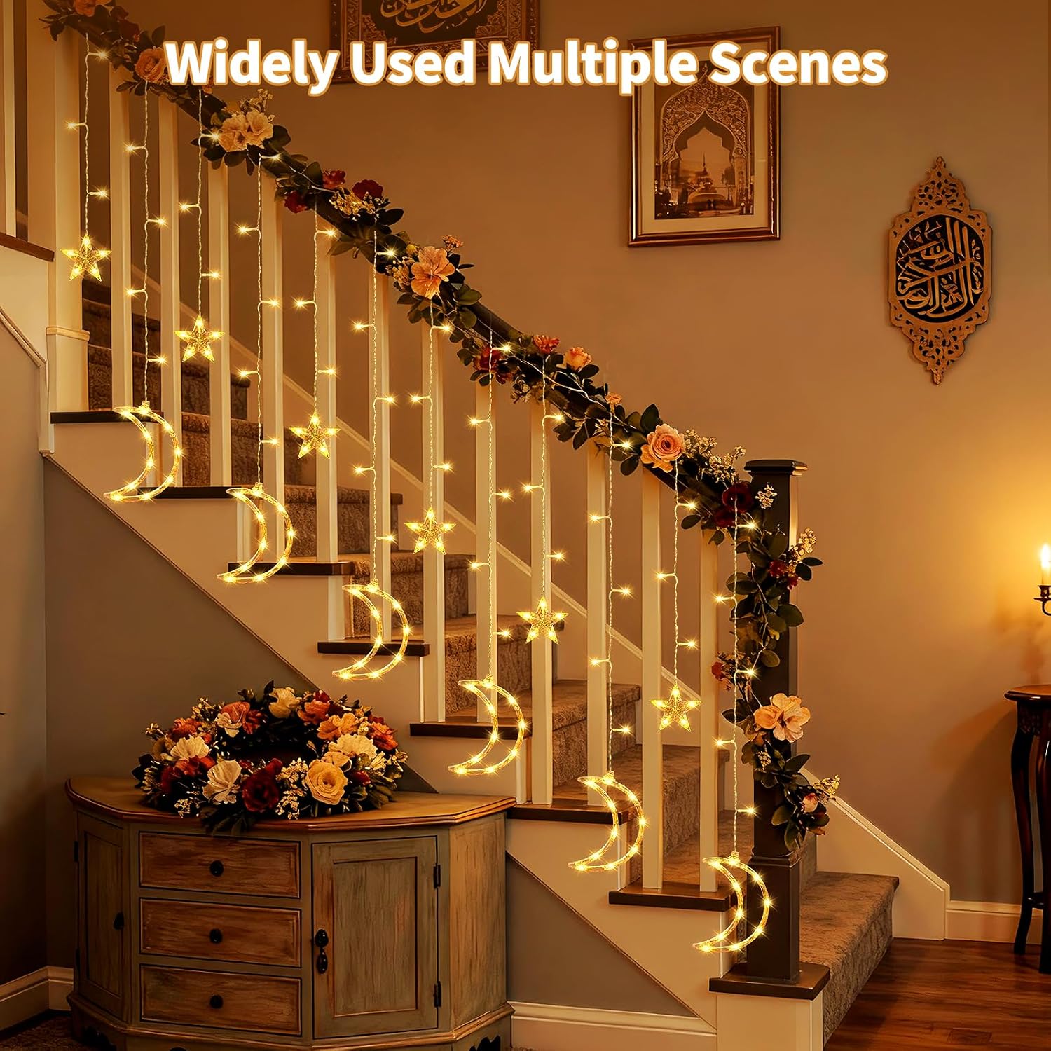 Dazzle Bright Ramadan Curtain String Lights, 138 LED Warm White Star Moon Fairy Lights 8 Lighting Modes with Remote and 12 Hooks for Bedroom Wall, Outdoor Party, Ramadan Decorations