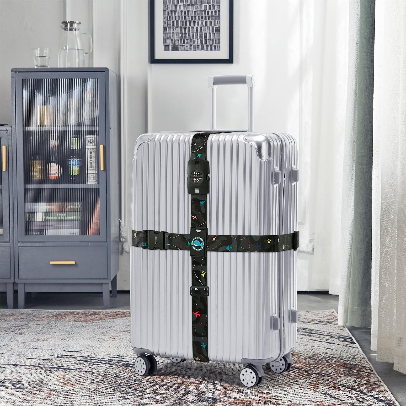 Travelkin - Cinghie per bagagli approvate dalla TSA, regolabili, incrociate, con lucchetto TSA, fibbia rinforzata, motivo unico, resistenti, per viaggi (motivo aereo, nero)
