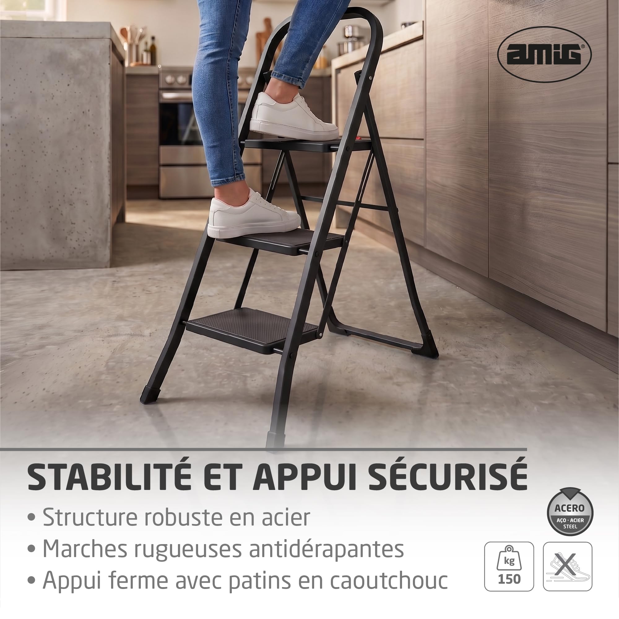 Amig Échelle Pliable 3 Marches Acier Noir 106x72x46 cm