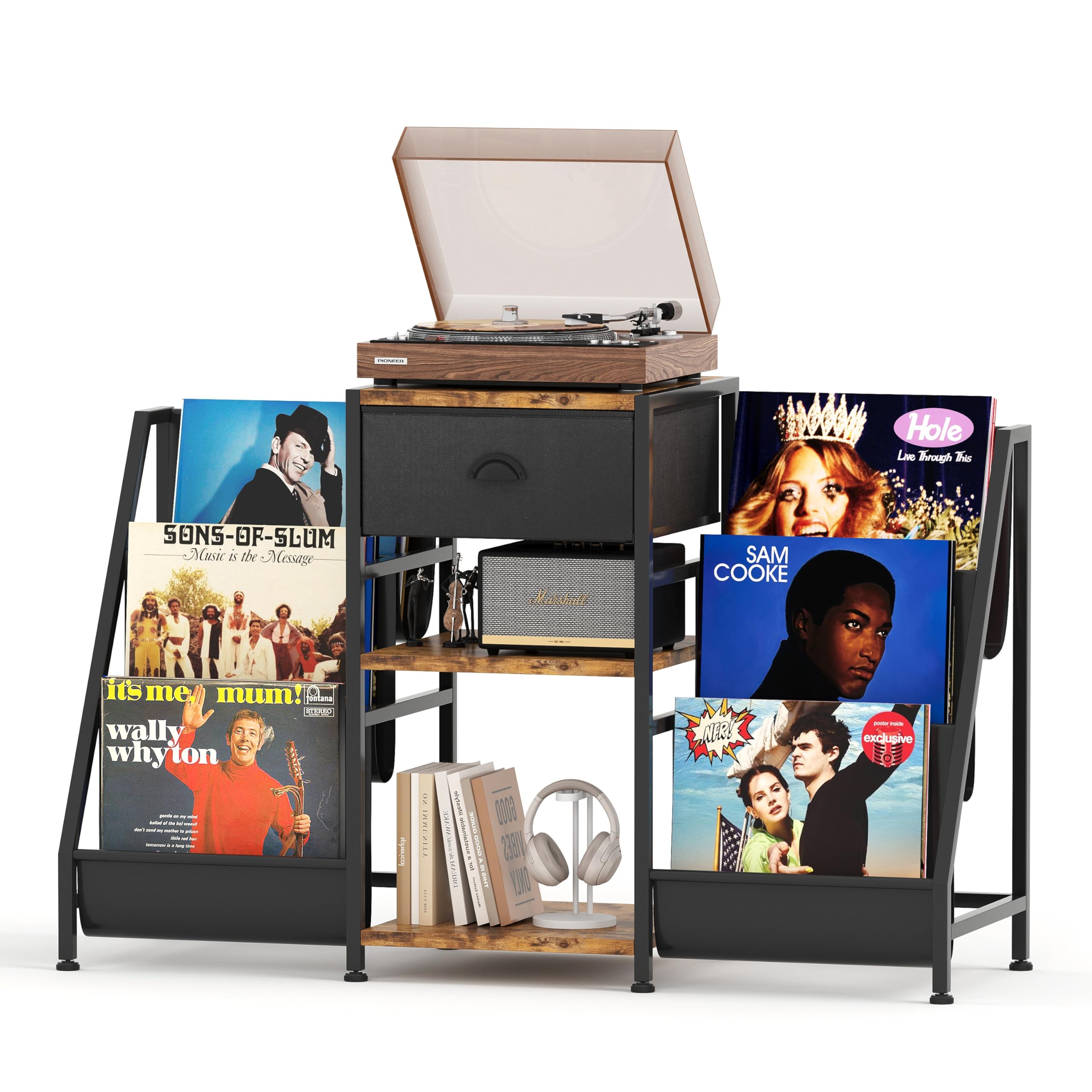 CAIYUN Vinyl Record Player Stand with 3-Tier Storage, Turntable Table for Living Room, Holds Up to 280 Albums, CD Rack with Black Fabric Drawer, Retro Media Console, Rustic Brown Display Shelf